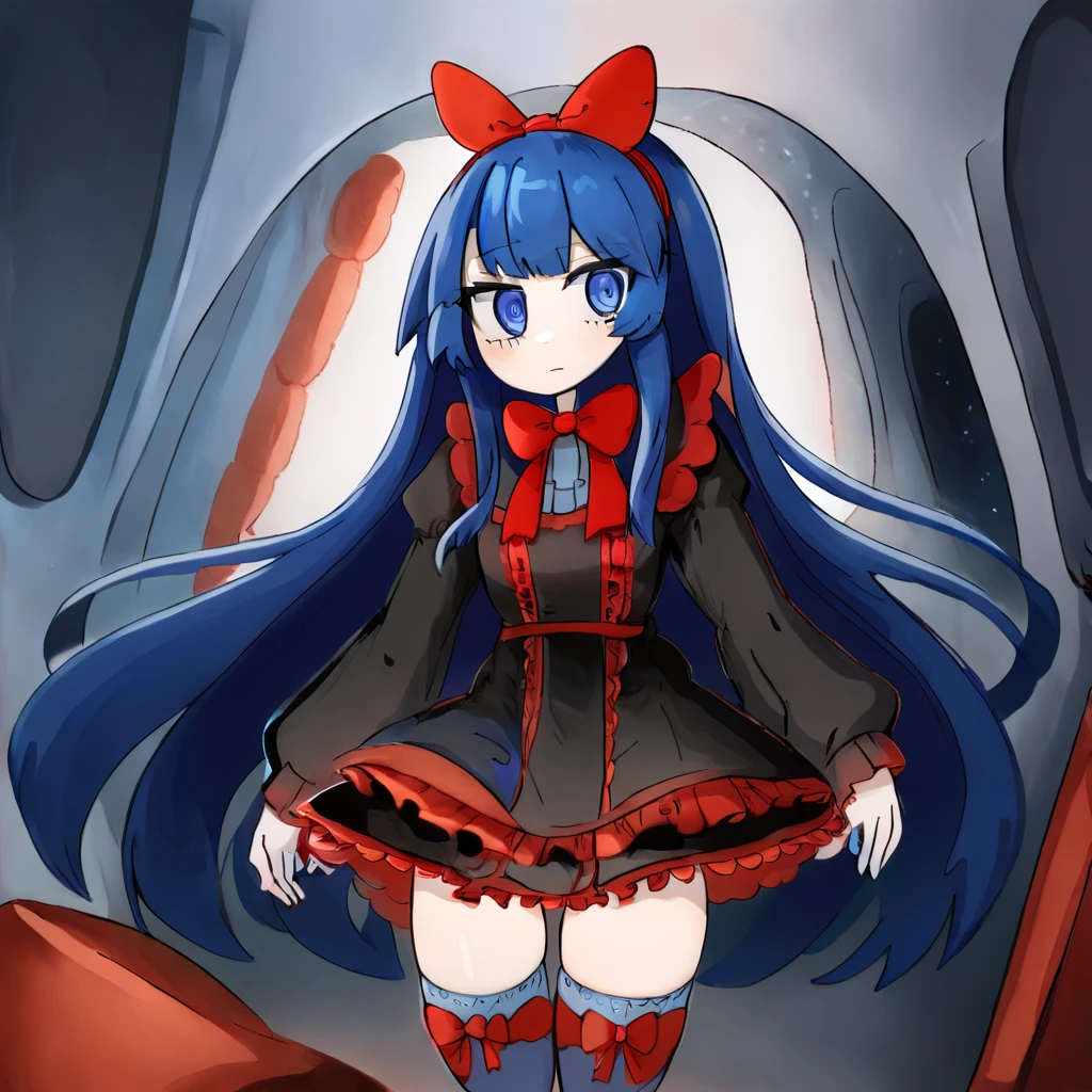 <lora:lavaold:1.3>   <lora:Mabel BS2pony:0.8> mabelbs2, 1girl, solo, long hair, blue eyes, blue hair thighhighs, bangs,  very long hair, , bowtie,  red bowtie,  hairband,  thighs, thighhighs, frilled dress, frills, dress, bow, black dress,red bow, long sleeves, hair bow,