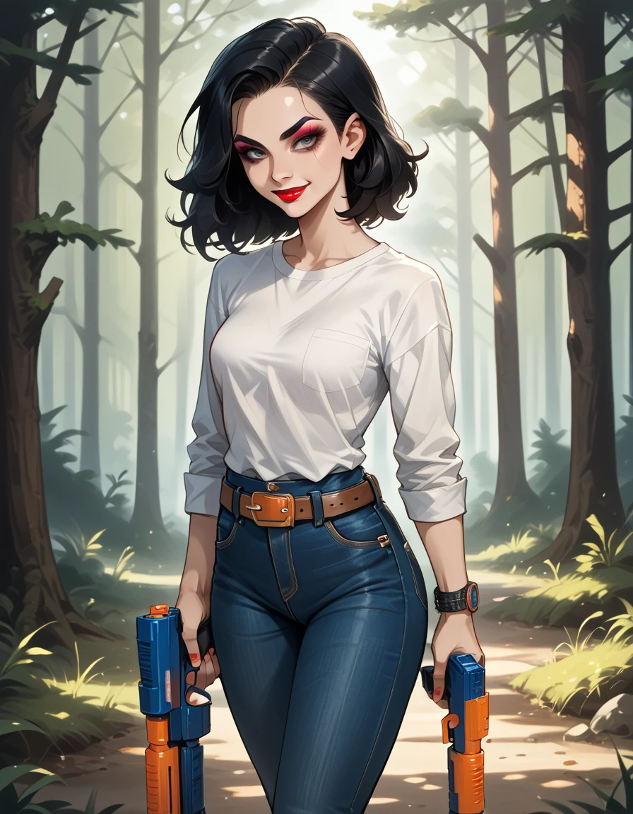 score_9, score_8_up, score_7_up, score_6_up, score_5_up, score_4_up, 1girl, long black hair, makeup, lipstick, long sleeve shirt, belt, jeans, sneakers, hud_n3rf, holding weapon, nerf gun, <lora:nerf_n-strike_elite_retaliator_blaster:0.6>, forest, smile