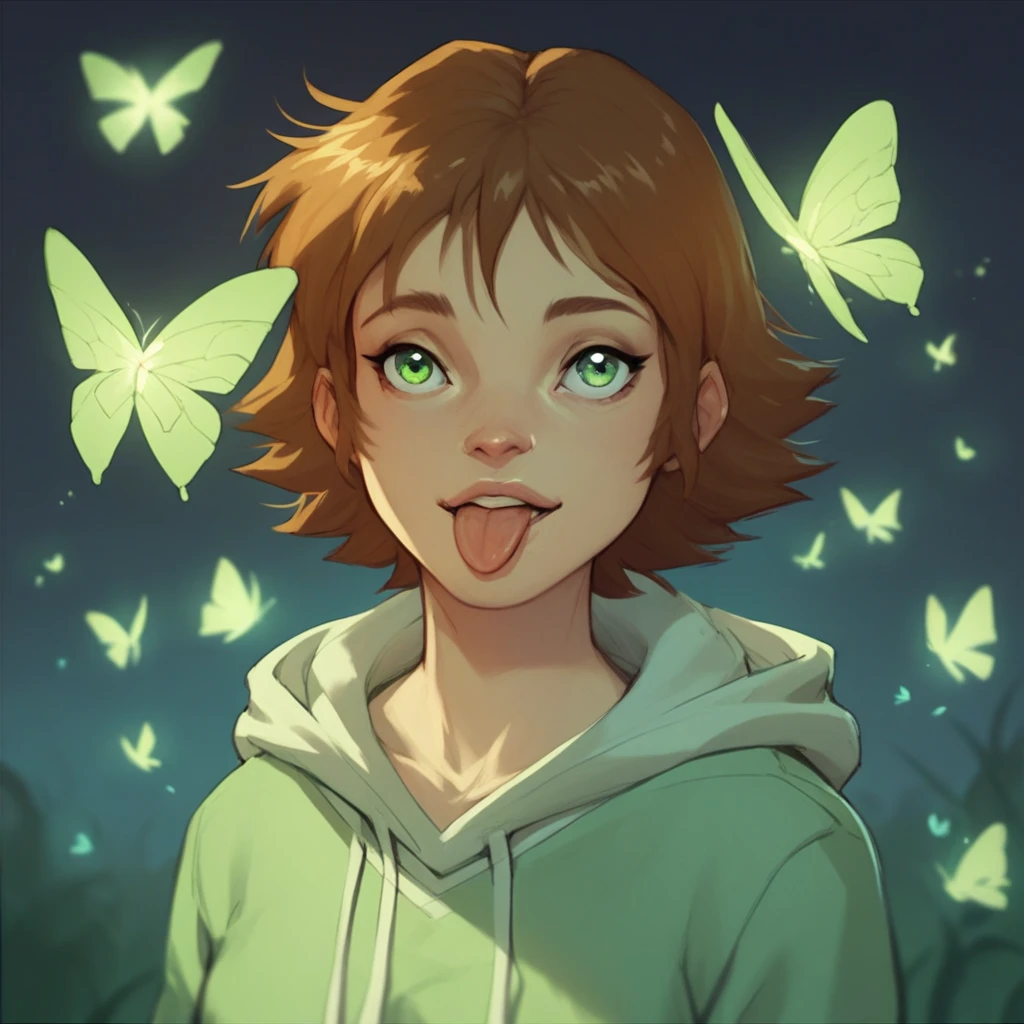 score_9, score_8_up, score_7_up, score_6_up, Alche, W.I.T.C.H., 1girl, solo, solo focus, short hair, brown hair, green eyes, glowing butterflies, in the grasslands, dark, night time,  hood, tongue out, hoodie,