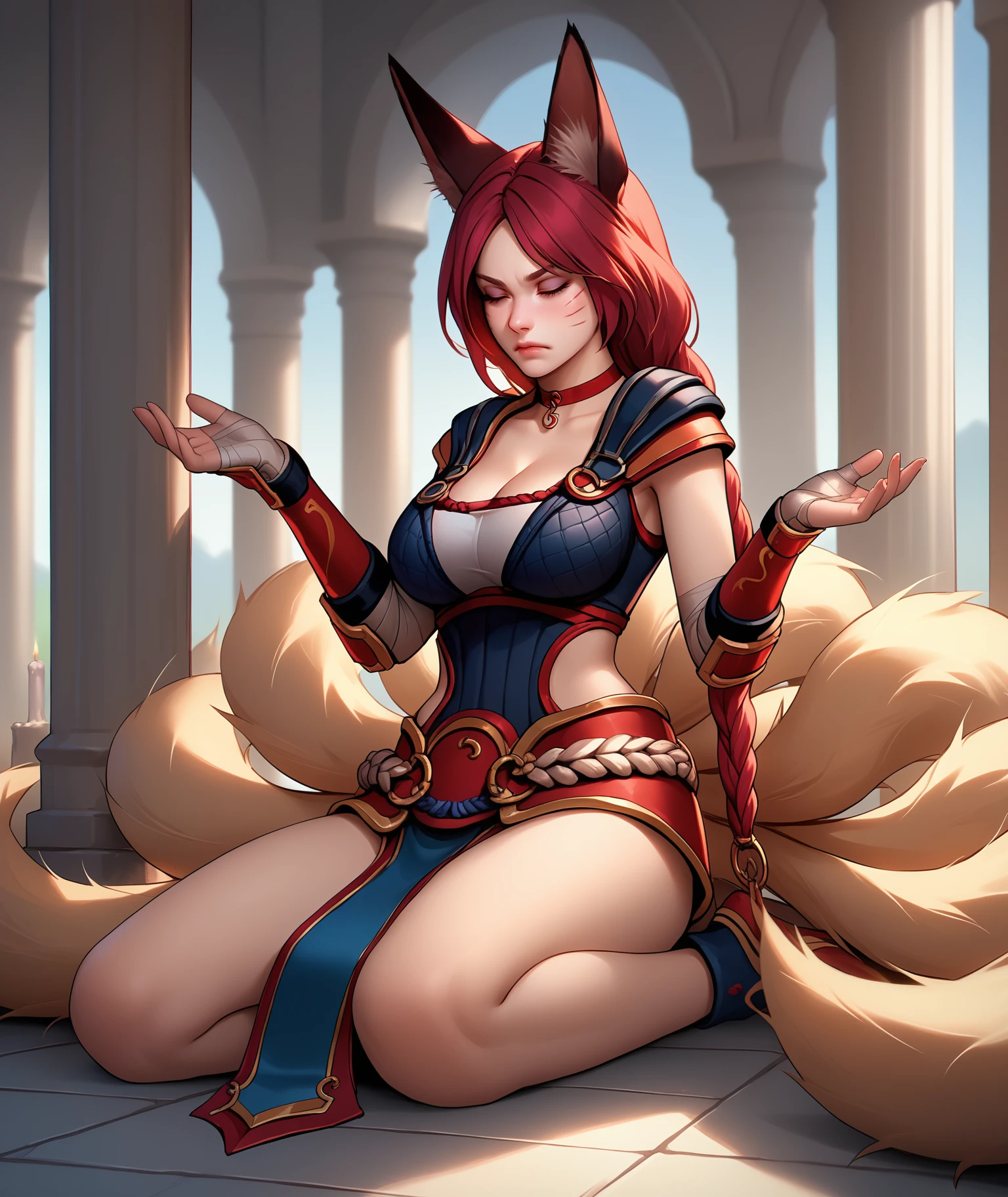 score_9,score_8_up, score_7_up, ahrifxfir, slit pupils, animal ears, facial mark, fox tail, multiple tails, long hair, single braid, red hair, large breasts, hair Ornament, choker, leotard, cleavage, vambraces, pauldrons, side cutout, belt, armor,meditating, temple, east asian architecture, candle, candlelight, flame, closed mouth, hands up, closed eyes, sitting, agura, full body, hips, thighs, ok sign, indoors, <lora:Ahri_Foxfire_pdxl_Incrs_v1:1>