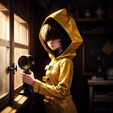 ng_deepnegative_v1_75t, easynegative, bad-picture-chill-75v, Video Game Character, young girl in a yellow overcoat, hair covering eyes, hooded girl, shadowed face, short messy black hair, girl in a cabin, window in the background, nighttime in the background, girl Holding a round music box, buttoned up overcoat,