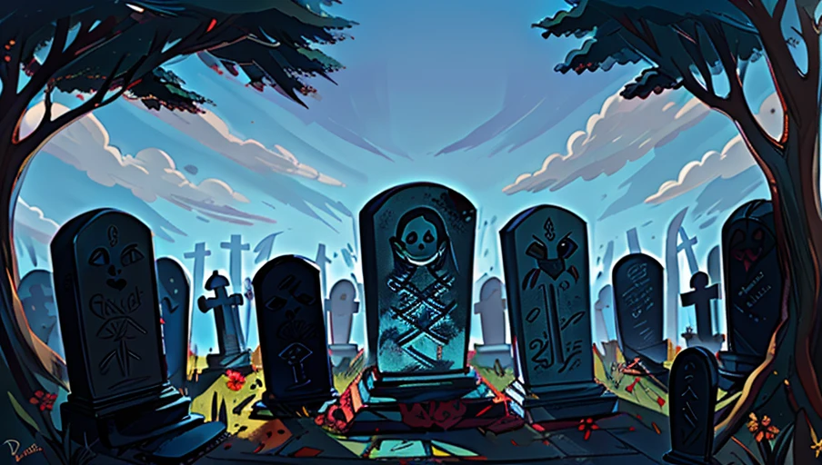 graveyard, sunny, day, dappled sunlight, mourners, dressed in black, tombstone, blue birds, gravestone,