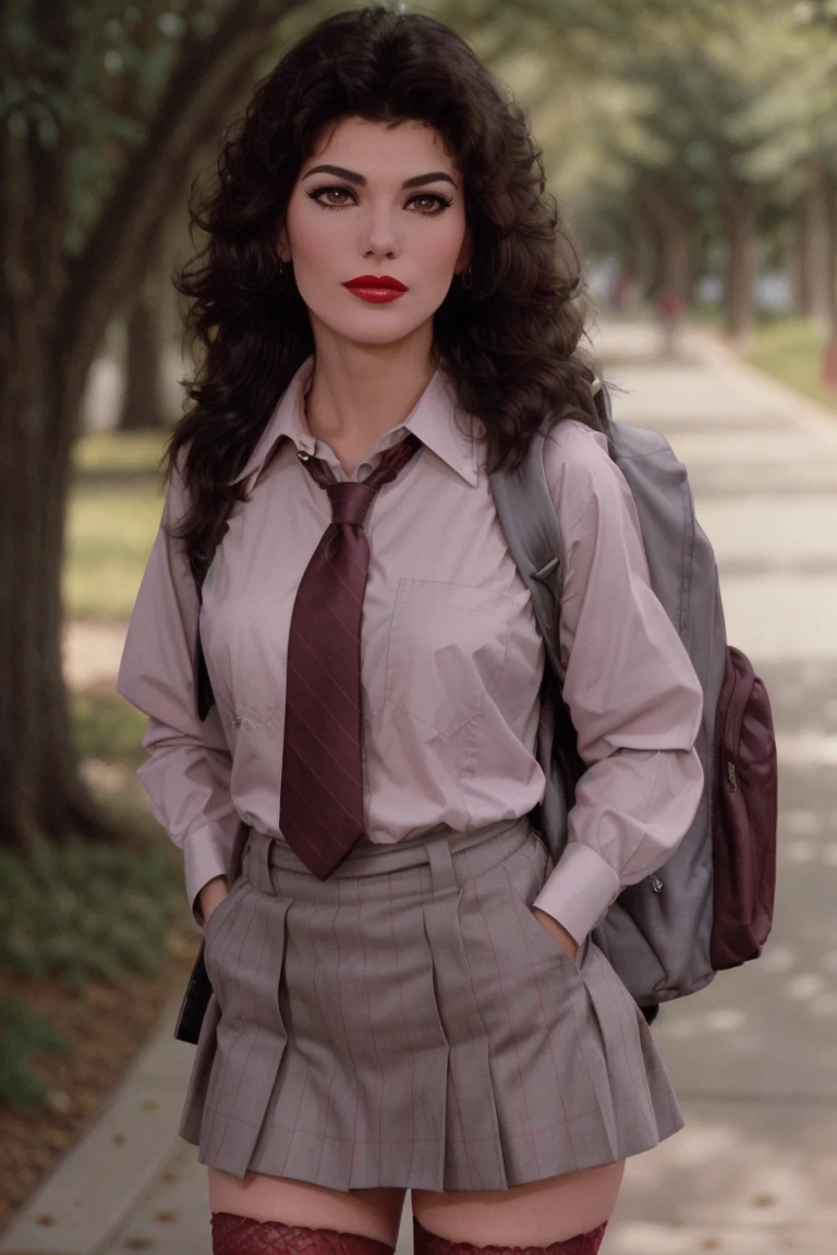 <lora:lindafiorentino-05:0.6>,lindafiorentino, ((detailed skin, detailed face):1.2),  ((detailed eyes, beautiful eyes):1.2), ((red lipstick, blush, eye shadow, eyeliner, pale skin)),  , photo of a woman, college campus, trees, buildings, ((skirt, thighhighs, necktie, shirt, backpack, books)), (cowboy shot, waist, hips, thighs)