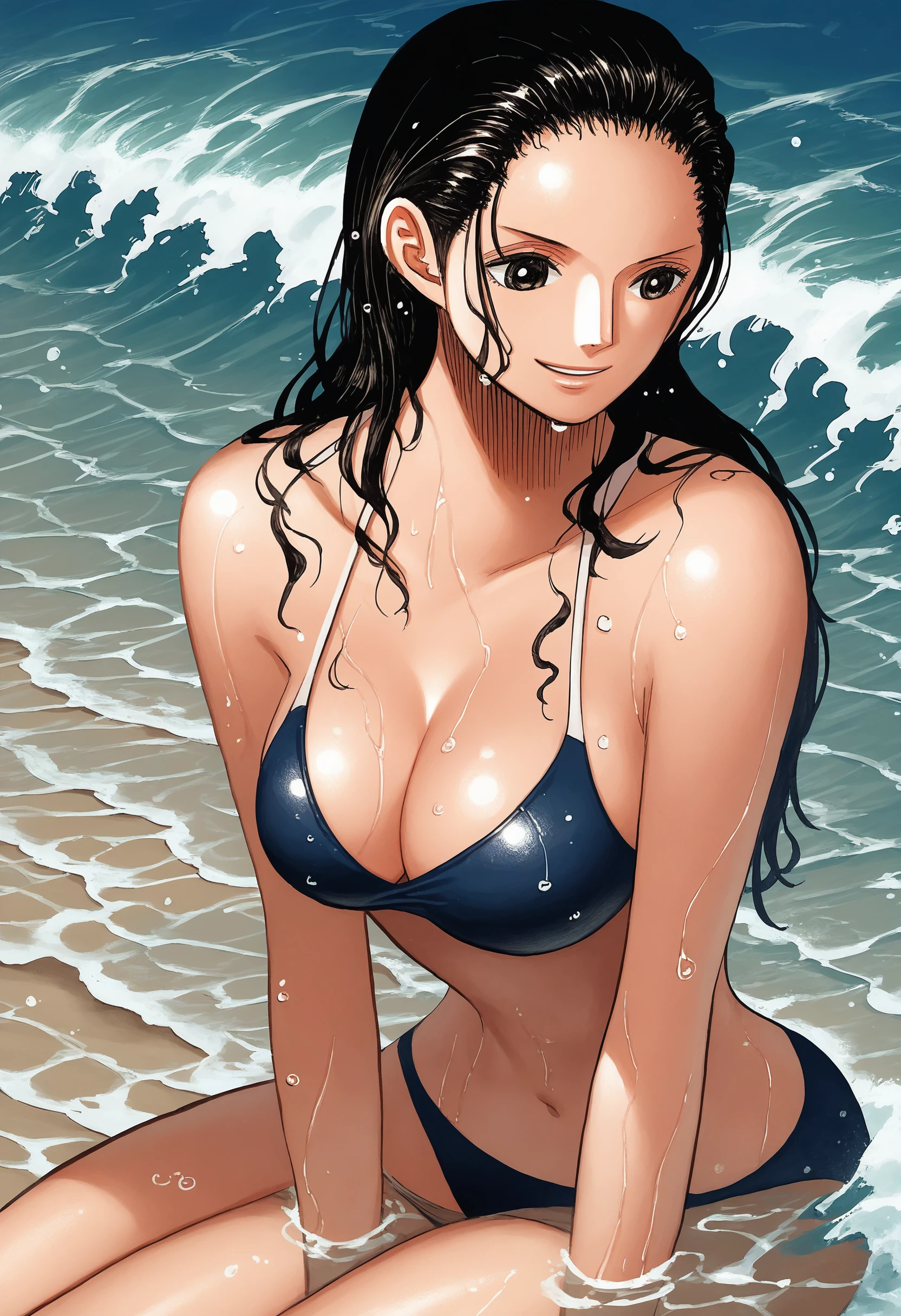 score_9, score_8_up, score_7_up, score_6_up, score_5_up, score_4_up,sitting,smile,swimsuit,detailed,beach,waves,wet hair, cleavage medium breast, <lora:Smooth Anime 2 Style SDXL_LoRA_Pony Diffusion V6 XL:1>  <lora: n1k0r0b1nmangaPONYV1:1> n1k0r0b1nps, black hair, 1girl, solo, long hair, hair slicked back