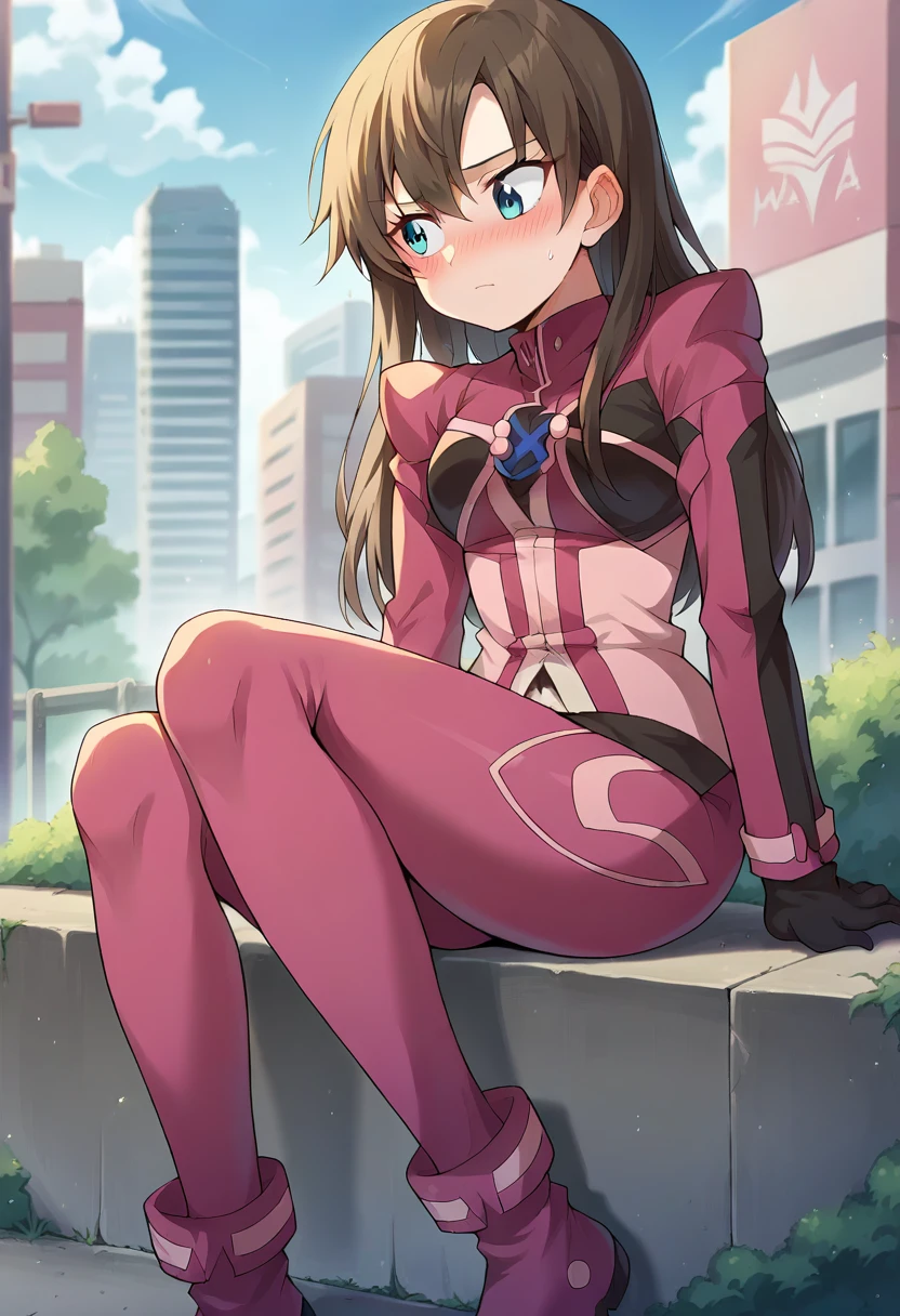 score_9, score_8_up, score_7_up, source_anime, masterpiece, 1girl, ct_h4ruka, pink jacket, pink legwear, black gloves, sitting, blush, outdoors, city, depth of field, <lora:Haruka_pony_ct:1>