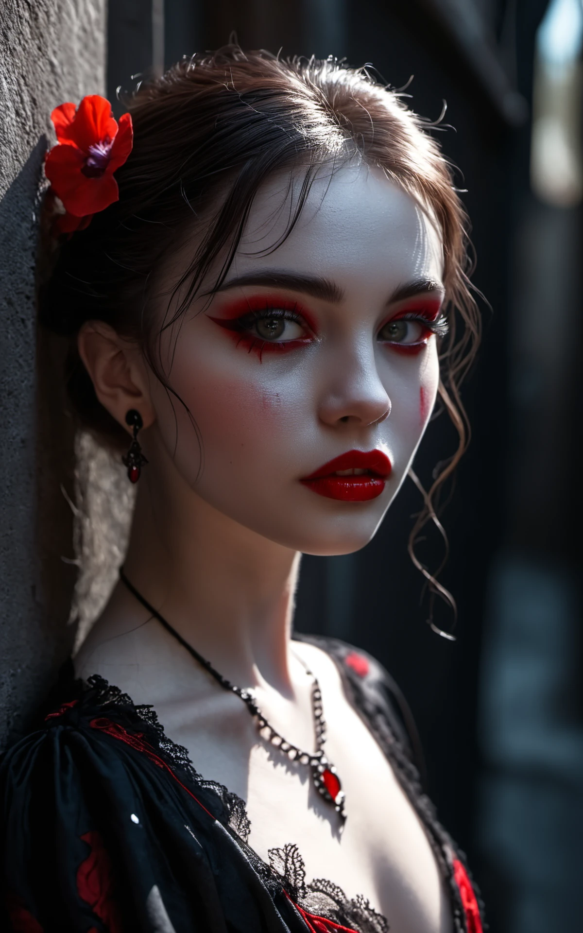 EZRealPONYXL,Masterpiece,half-body shot,an elegant 24-year-old vampire girl,realistic skin blemishes,mystique amidst the shadows,elegance and gothic allure,Ethereal beauty,slim body,perfect face,piercing eyes,red iris,aggressive,porcelain complexion,accentuated by eyes that gleam,outdoor,dark alley,dark mood,subtle smirk on her lips,pretty features,amazing beauty,Royo,Bak,from below,cinematic angle,