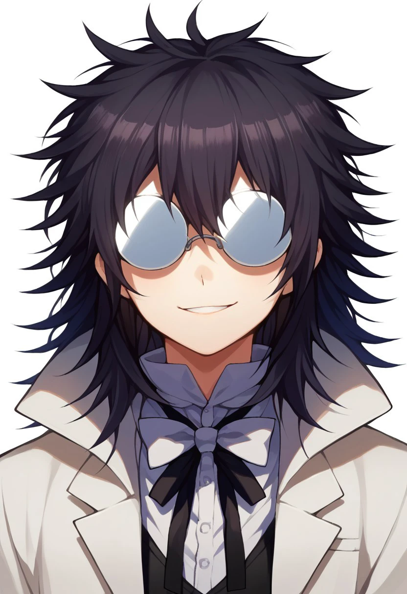 score_9, score_8_up, score_7_up, source_anime, highly detailed, 
leopa, male focus, solo, glasses, 1boy, glasses, black hair, long hair, opaque glasses, messy hair, smile, bowtie, bow, bowtie, white bowtie, coke-bottle glasses, shirt, white shirt, ribbon, black ribbon, neck ribbon, coat, cloak, upper body