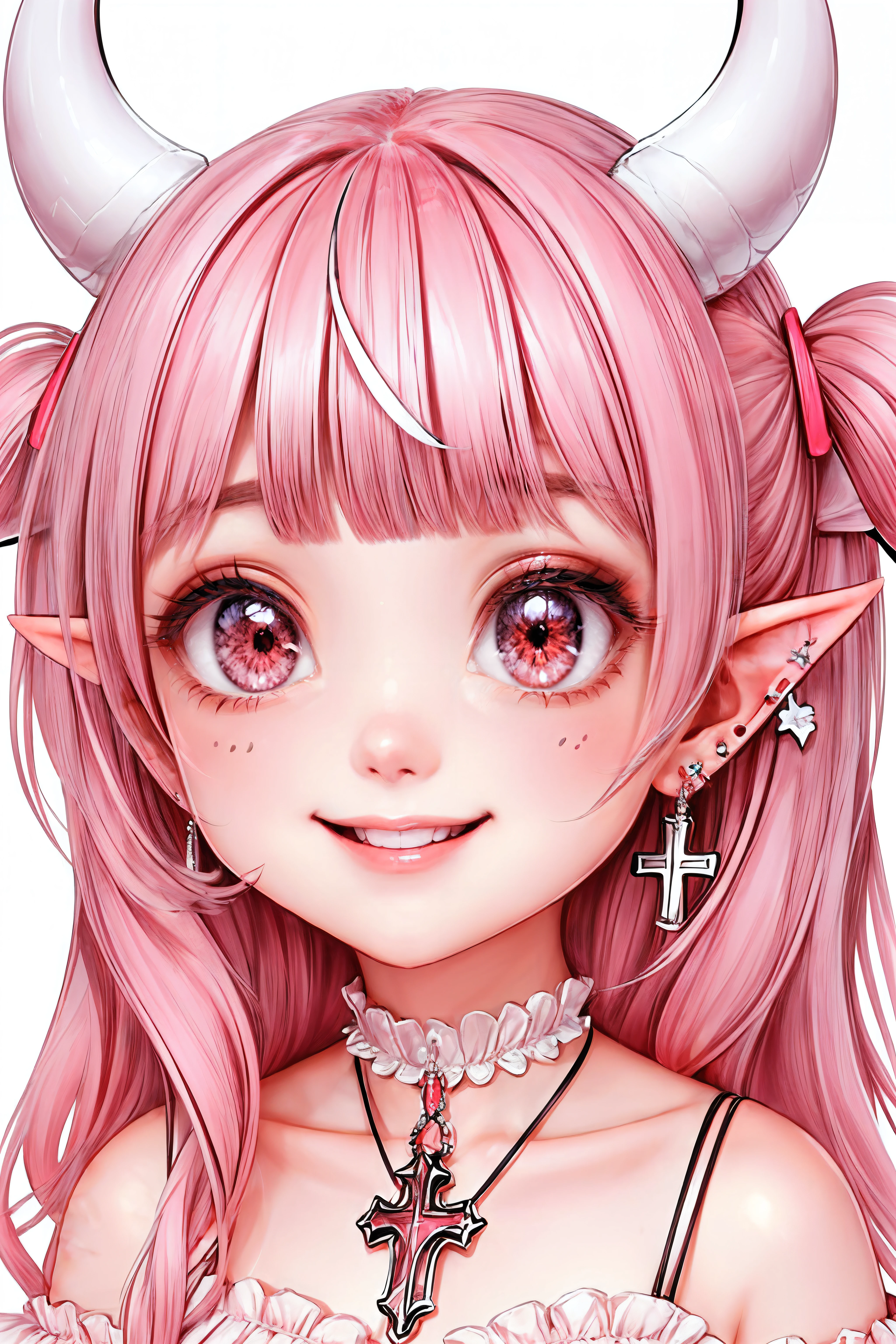 loraeyes, vtuber, 1girl, solo, horns, pointy ears, earrings, white background, virtual youtuber, looking at viewer, smile, long hair, jewelry, simple background, cross, pink hair, bangs,  <lora:Vtuber:0.6>, <lora:Loraeyes_V1:0.7>,