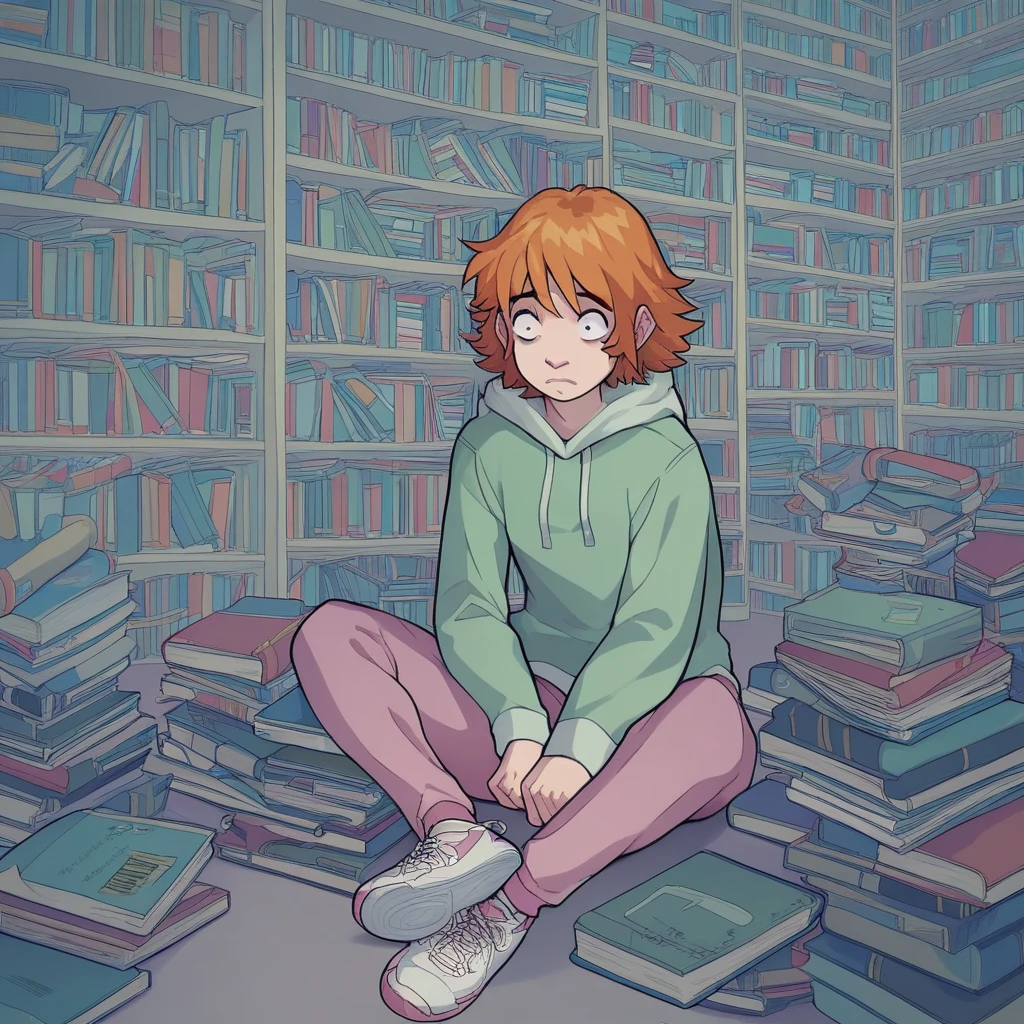 score_9, score_8_up, score_7_up, score_6_up, Alche, W.I.T.C.H., 1girl, solo, solo focus, short hair, brown hair, long sleeves, sitting, shoes, pants, indoors, hood, orange hair, book, hoodie, white footwear, hood down, sneakers, bookshelf, constricted pupils, library, pink pants, green hoodie, general