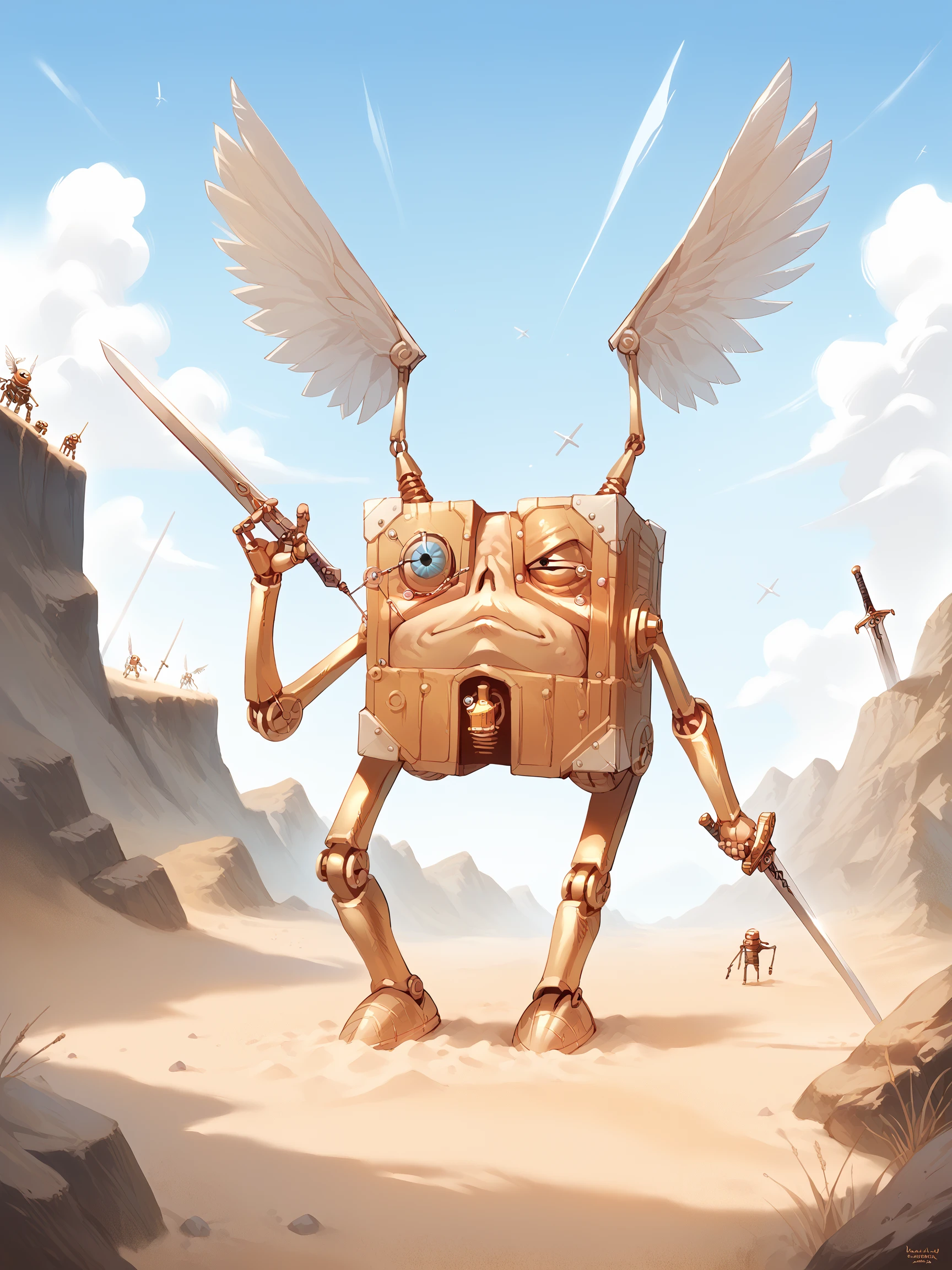 score_9, score_8_up, score_7_up, score_6_up, score_5_up, score_4_up,source_cartoon,modrone robot,cubic,wings,2 arms,sword,battlefield,scenery,sand<lora:ModronPonyV1>