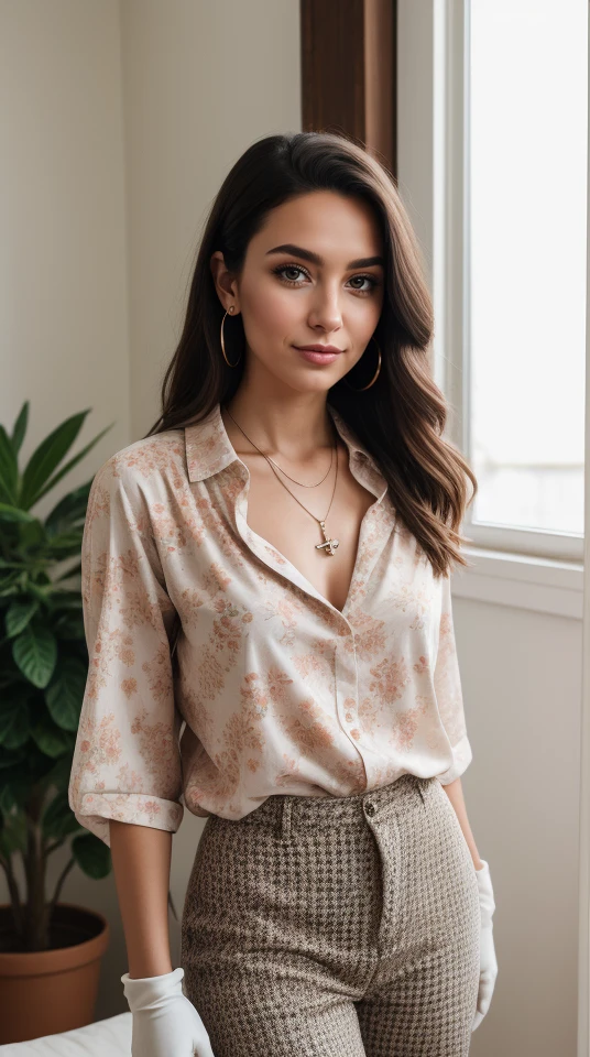 influencer-close-up-shot-by-stable-yogi, SFW,  
An interior design influencer in a cozy, well-curated living space, showcasing a DIY home decor project. She's dressed in comfortable,   <lora:Floral_Pant_Shirt_By_Stable_Yogi:0.8>  floral shirt, cross necklace,  black gloves, floral pattern,  floral pants that matches the aesthetic of the room. Natural light floods the space, highlighting the textures and colors of the decor. Her look is polished yet approachable, inviting viewers into her creative world.
 Instagram_Influencer_04_By_Stable_Yogi