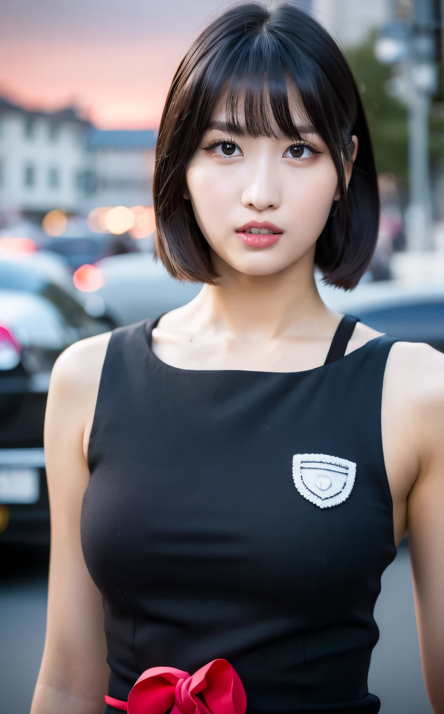 (Bangs:1.2),<lora:Momo_V1:1> m0m0, (realistic), (hyperrealism), (photorealistic:1.4), 1girl, looking at the viewer, eye makeup, detailed eyes, detailed face, (upper body:1.2), detailed background, black dress, walking at the streets, sunset, (windy:1.2)