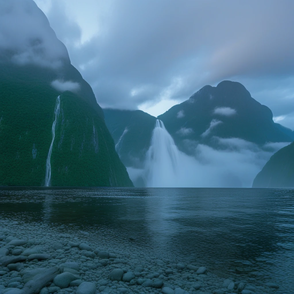 misty lagoon, mist, nature, Twilight at a mountainous fjord with a cloudy sky, featuring waterfalls cascading down steep cliffs near a calm body of water, with subtle green vegetation and a pebbled shoreline.