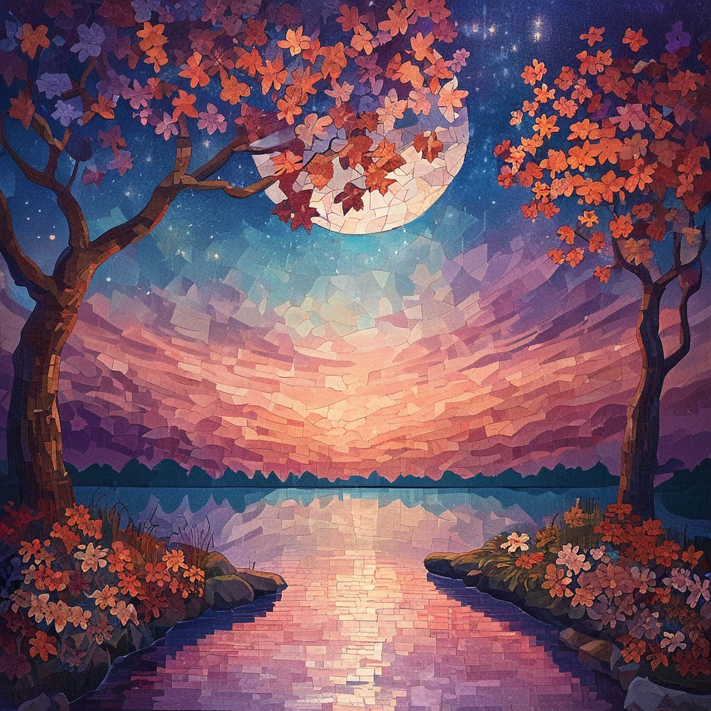 score_9, score_8_up, score_7_up, ArsMJStyle, Mosaic, tree, moon, sky, flower, solo, star (sky), reflection, 1girl, scenery, outdoors, starry sky, leaf, full moon, night, brown hair, water, autumn leaves, 1boy, autumn  <lora:ArsMJStylePony_-_Mosaic:1>