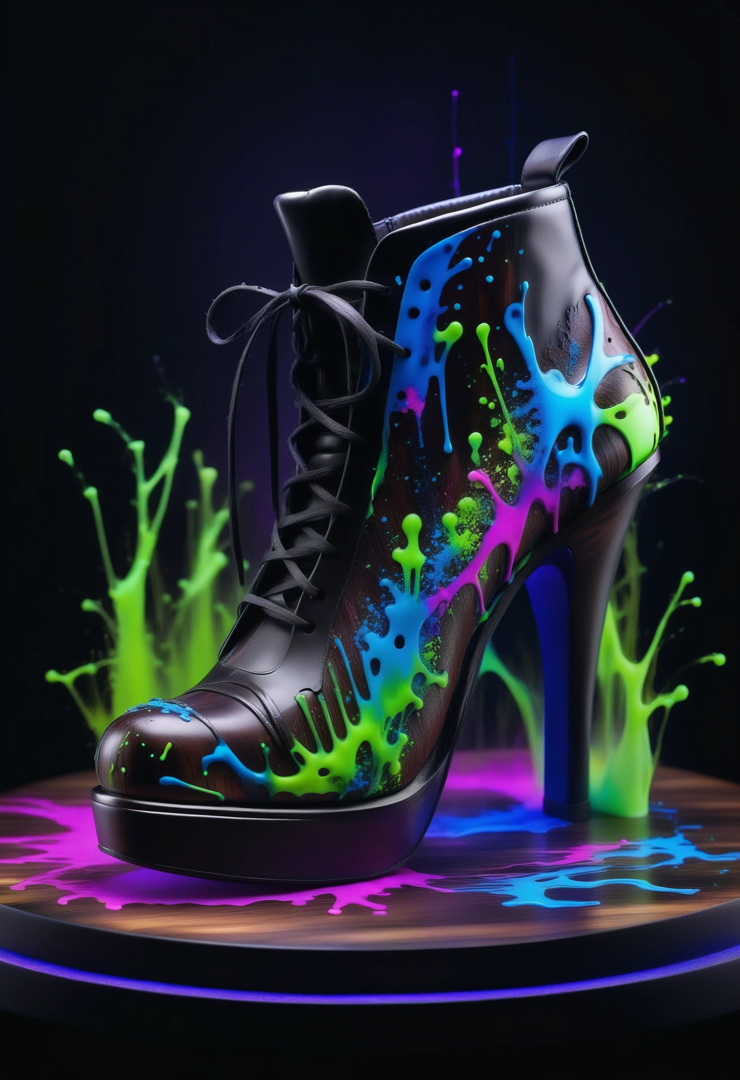 a Haute Couture shoe made out of reij-bnysplsh <lora:ebonysplash-000005:1>, Tattoo ink of a masterpiece, landscape of a Verdant Fields of the Harvest Festival, digital manipulation, flowing, highly decorated, intense, ambient atmosphere, stunning