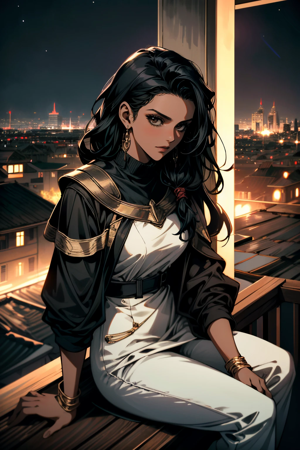 ((ultra detailed, masterpiece, absurdres))
<lora:ACAya:0.7>
ACAya, 1girl, black hair, brown eyes, dark skin, looking at viewer, overlooking the city from a rooftop bar at night, chic outfit, sitting