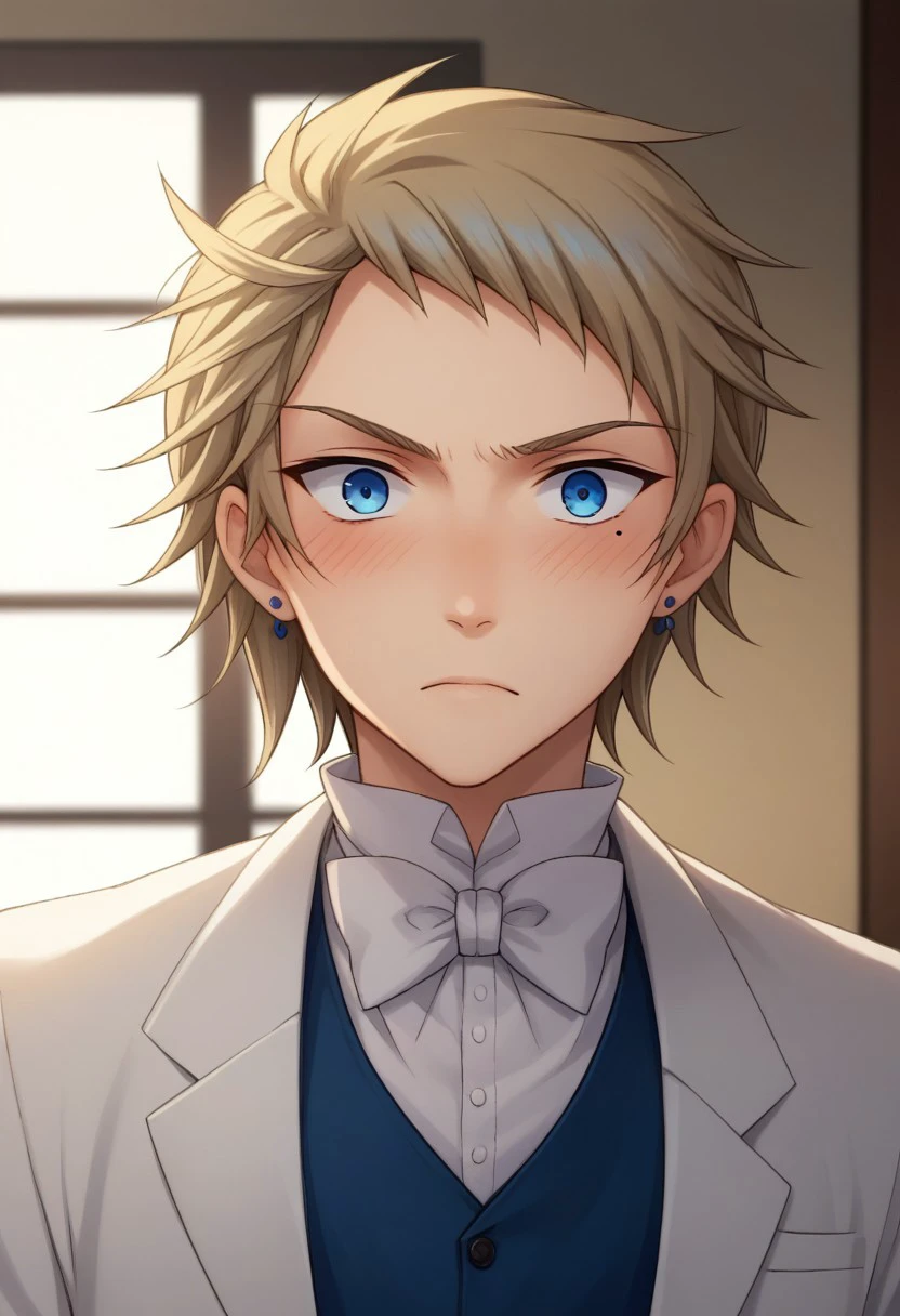 score_9, score_8_up, score_7_up, source_anime, highly detailed, 
elliot, 1boy, male focus, solo, earrings, bow, mole, bowtie, jewelry, blue eyes, mole under eye, formal, suit, blonde hair, upper body, white suit, vest,
blue vest, bowtie, white bowtie, blush, embarassed,