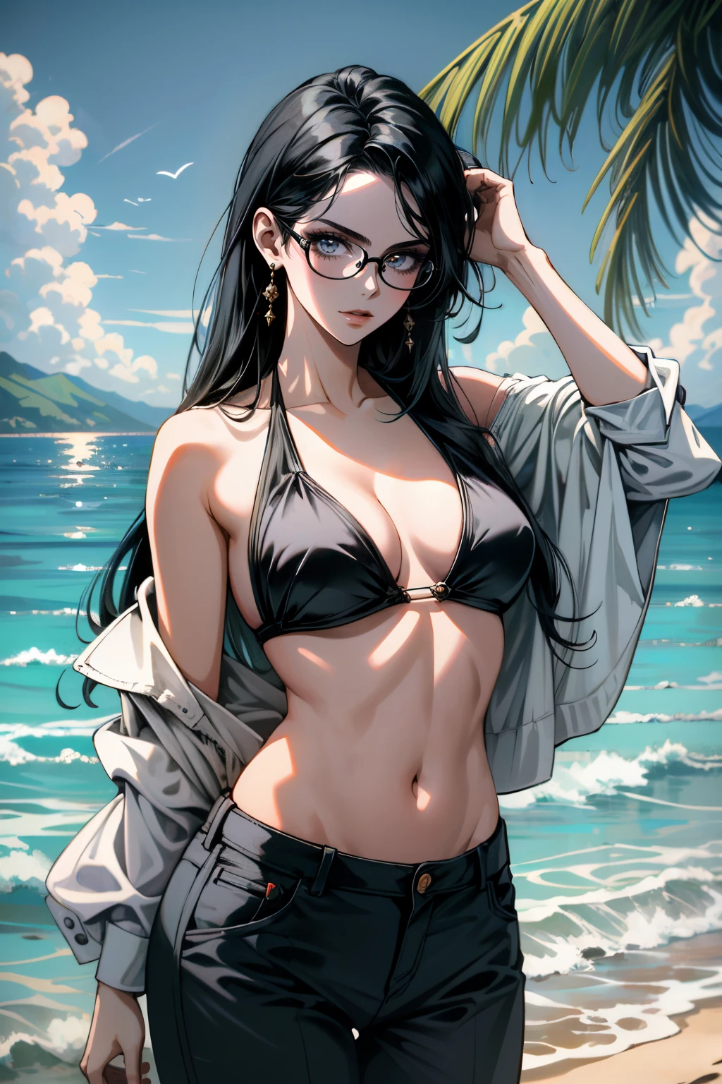 ((ultra detailed, masterpiece, absurdres))
<lora:BBayo:0.8>
BBayo, 1girl, long hair, black hair, glasses, looking at viewer, on a tropical island, bikini, palm trees, ocean
