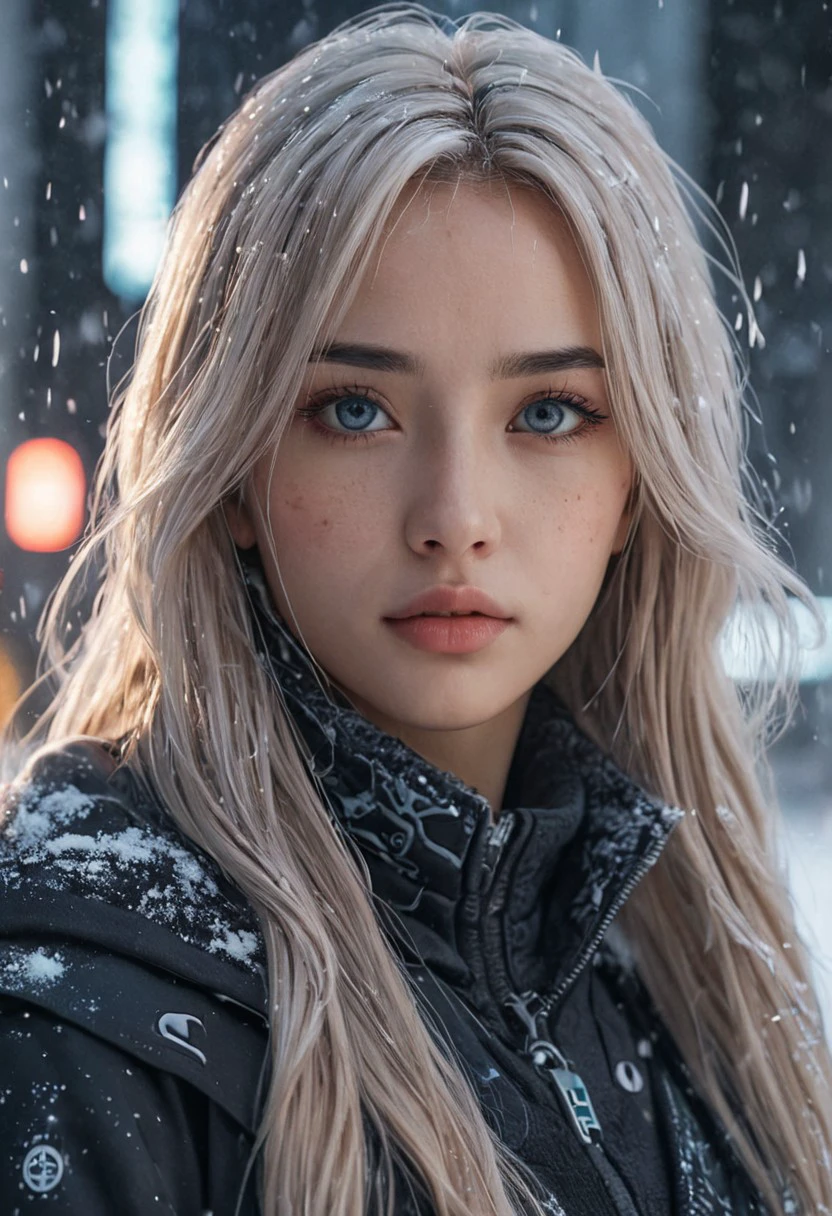 a super sexy Anime girl with long hair, in 2099 city, snow flake, frozen buildings, cyberpunk style, high detailed on face, beatuiful eyes, best quality, 8k, cinematic  photorealistic, 8k uhd natural lighting, raw, rich, intricate details, key visual, atmospheric lighting, 35mm photograph, film, bokeh, professional, 4k, highly detailed