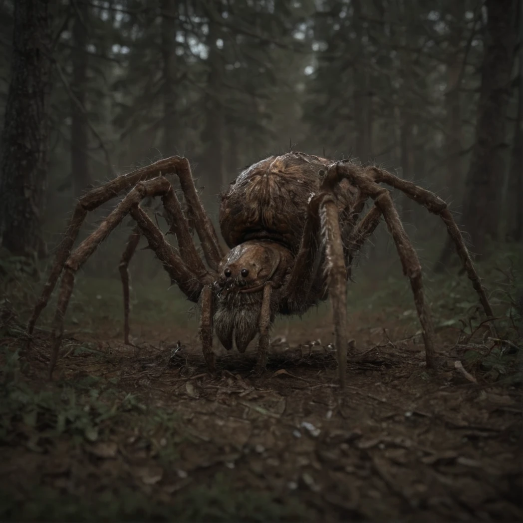 (Spider), Carrying babies Spiders on its back, (Eight legs, four on each side), full body, day, natural Light, (creature, monster), (UHD, 8K, ultra detailed, looking at the camera, moody forest, highly detailed, best quality, high detail, amazing detail, masterful, work of a master, highly detailed background, shallow depth of field, photorealistic, RAW image, 8k high resolution, ray tracing, realistic, volumetric lighting), 
