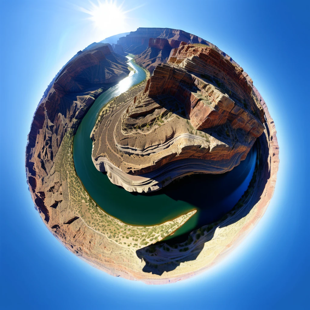 A tiny planet of the Grand Canyon. The sky is a clear blue with no clouds. The rocky landscape below features the canyon's deep crevices and the Colorado River winding through. The sun is positioned to the side, creating dramatic shadows and highlighting the canyon's texture.
