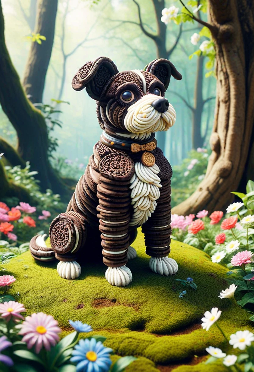 dog made of creamy cookies,  set in a lush ancient forest, with abundant blooms, vibrant colors, serene ambiance, timeless charm, ,Masterpiece,best quality, photo, realistic, very aesthetic,