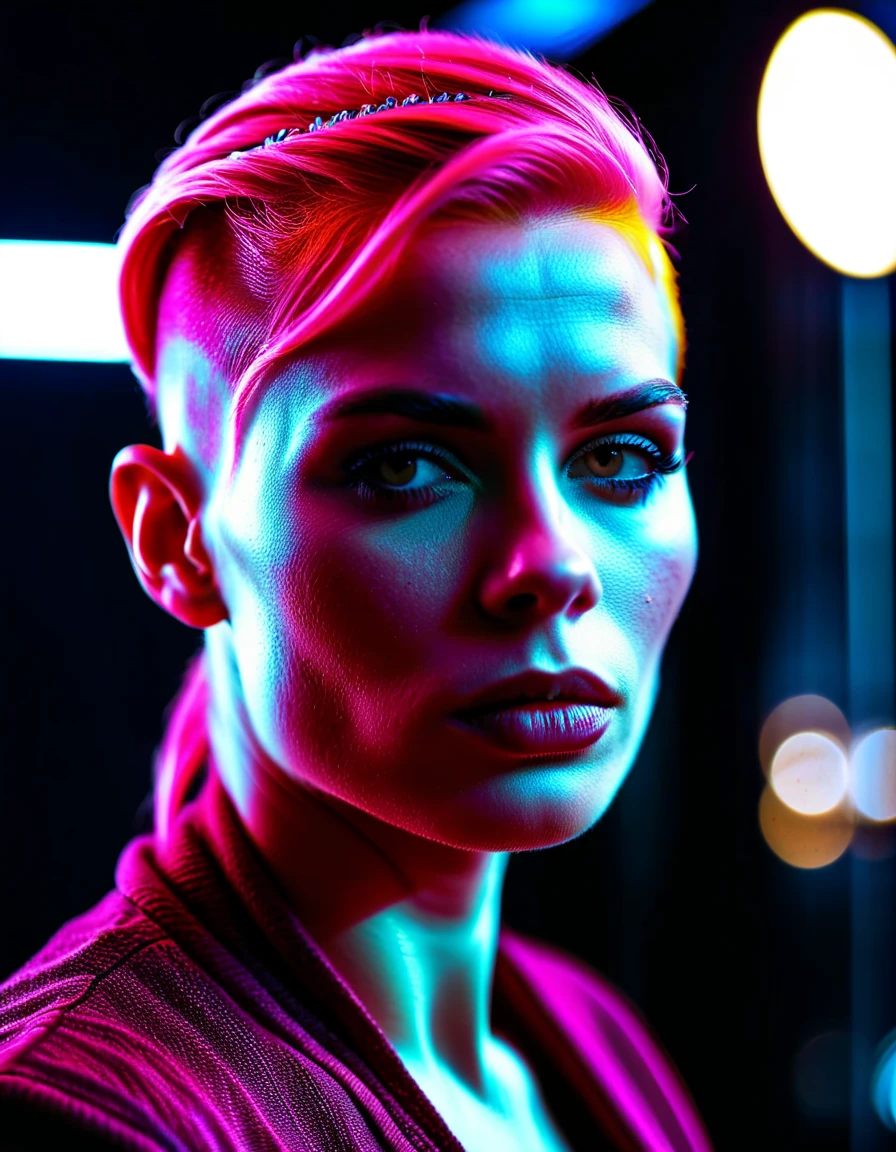 photograph, Cinestill, Rey, ð, Pink hair styled as Shaved sides, Depth of field 270mm, made out of ral-ovrstrtd <lora:ral-ovrstrtd:1>, very coherent, ambient atmosphere, luxurious sharp focus, cinematic atmosphere, epic composition, extremely stylish, complimentary colors, rich deep colors, very, cinematic