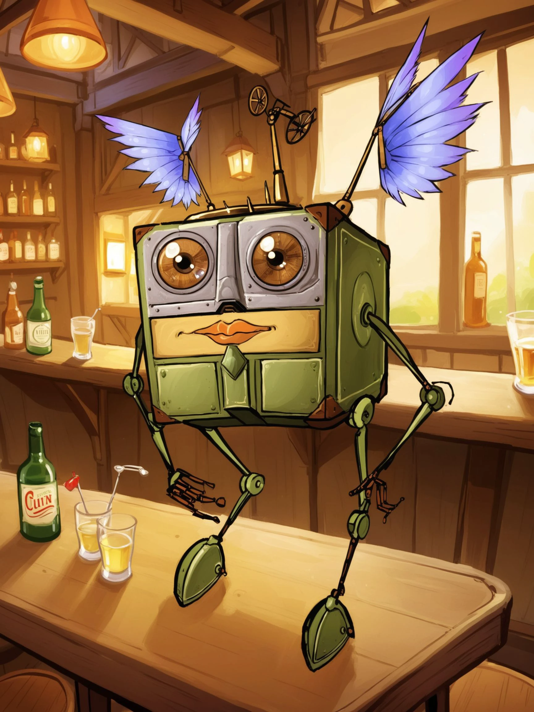 modrone robot,metal robot,2 arms,2 legs,wings,small legs,cubic shape,in a tavern,cartoon illustration<lora:ModroneXLStand-000033>