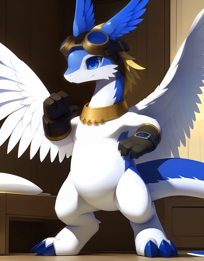 (((detailed eyes, detailed face))), (feral, shiron <lora:character_shiron_findigo_v3+1:0.9>, dragon, blonde hair, white angel wings, blue head wings, black claws), male, (solo), (plump), (brown gloves, helmet, goggles, gold necklace), standing, (arms up), smile, (front view) BREAK (konzaburou, ukan_muri), bedroom, (flat shading, flat color, high brightness), 8k, UHD, masterpiece, (full body)