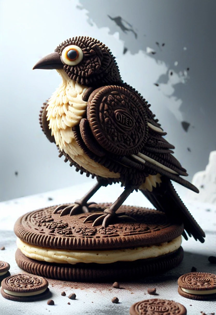 bird made of creamy cookies,  set in a strategic battlefield, with carefully positioned defenses, commanding views, and the tension of an impending clash, ,Masterpiece,best quality, photo, realistic, very aesthetic,