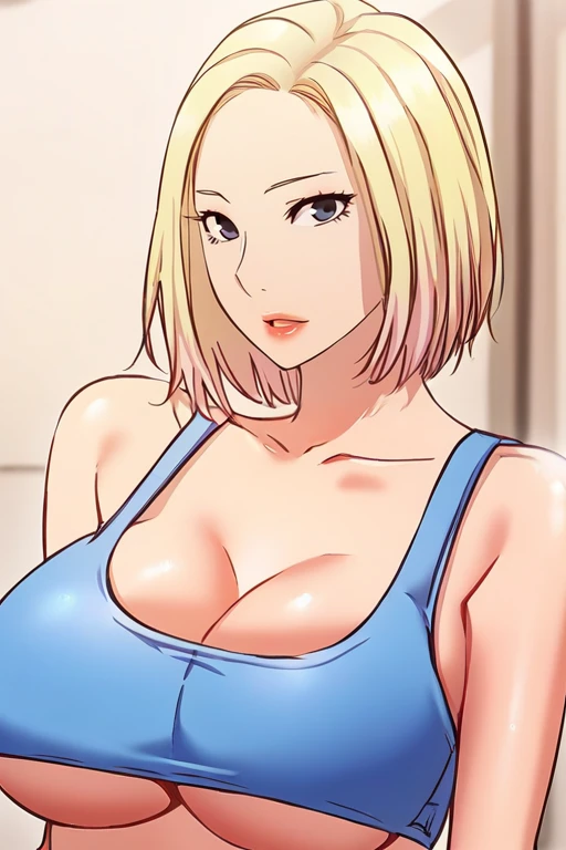 1boy,1girl, hetero, sex, cowgirl position, large penis, pussy, ((breast grab, pov hands)), indoors,nude, short blonde hair, milf, mature woman, red lips, puck lips, lips pucker, closer face, blow kiss, kissing, kiss