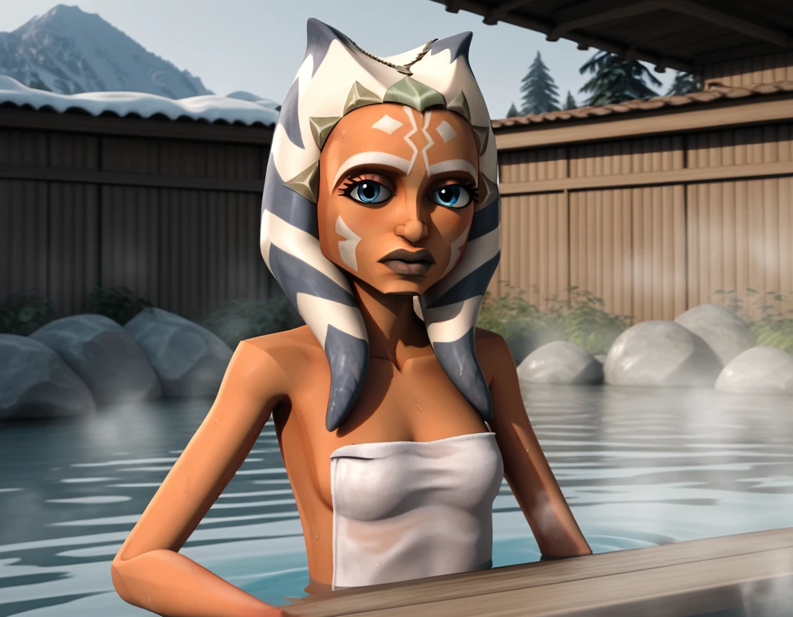 score_9, score_8_up, score_7_up, source_anime, <lora:clonewars-ahsoka-tano-ponyxl-lora-nochekaiser:1>, ahsoka tano, long hair, blue eyes, lips, colored skin, facial mark, tentacle hair, alien, orange skin, 3d, realistic,, nude, naked, outdoors, onsen, towel, naked towel, steam, bathing, nude cover, partially submerged, water, bath, steam censor, wet towel, blush, looking at viewer, solo,, cowboy shot, dutch angle
