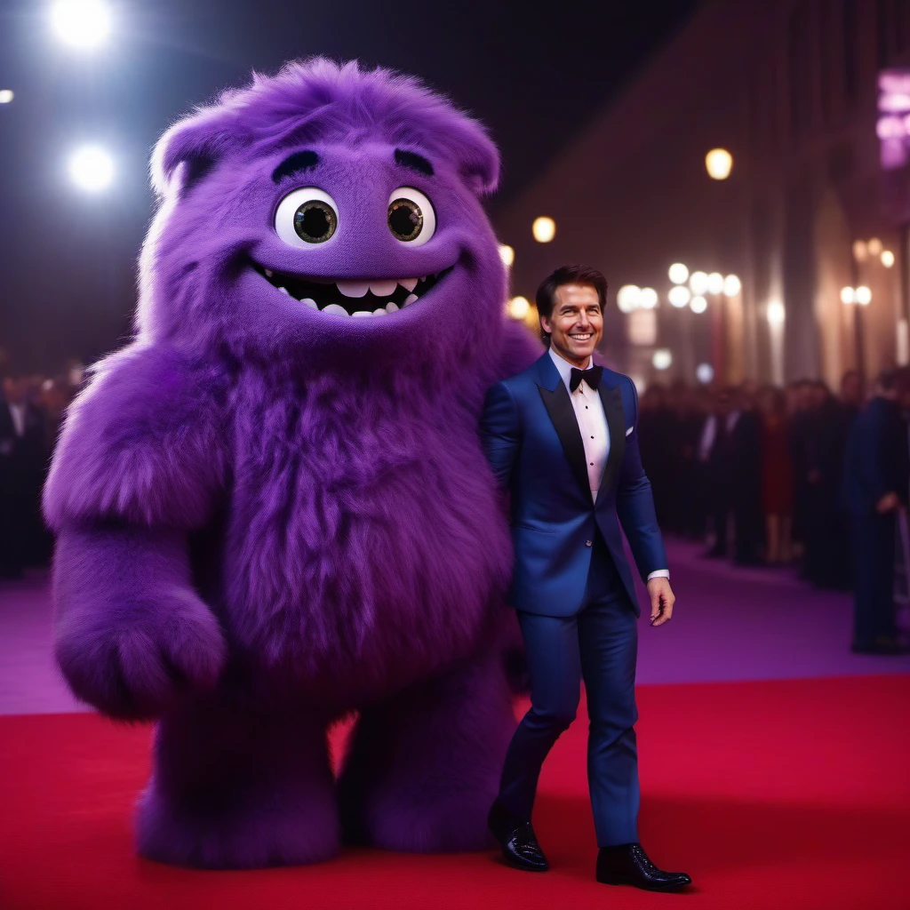 cinematic photo full body portrait purple fur monster, smile, with tom cruise on the red carpet <lora:Blue1024:0.8> . 35mm photograph, film, bokeh, professional, 4k, highly detailed