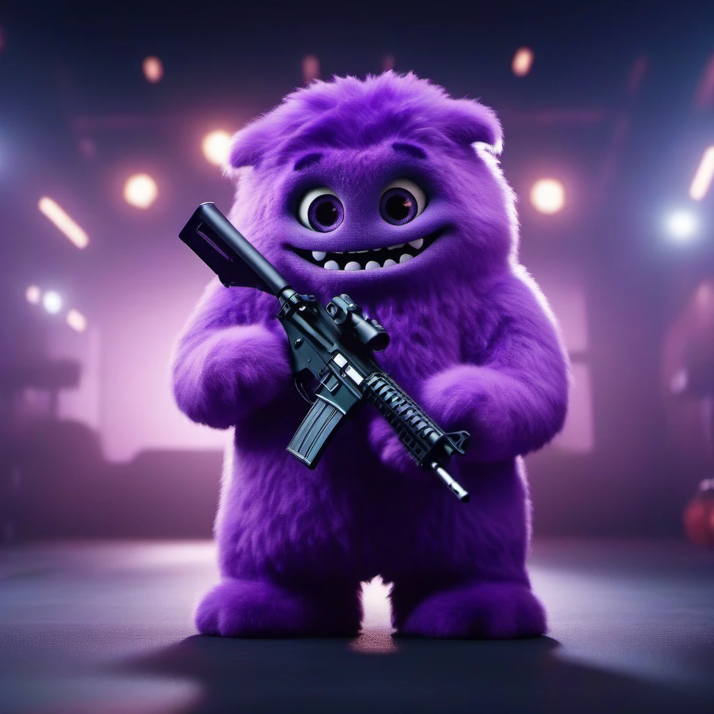 cinematic photo purple fur monster, holds a machinegun <lora:Blue1024:0.8> . 35mm photograph, film, bokeh, professional, 4k, highly detailed