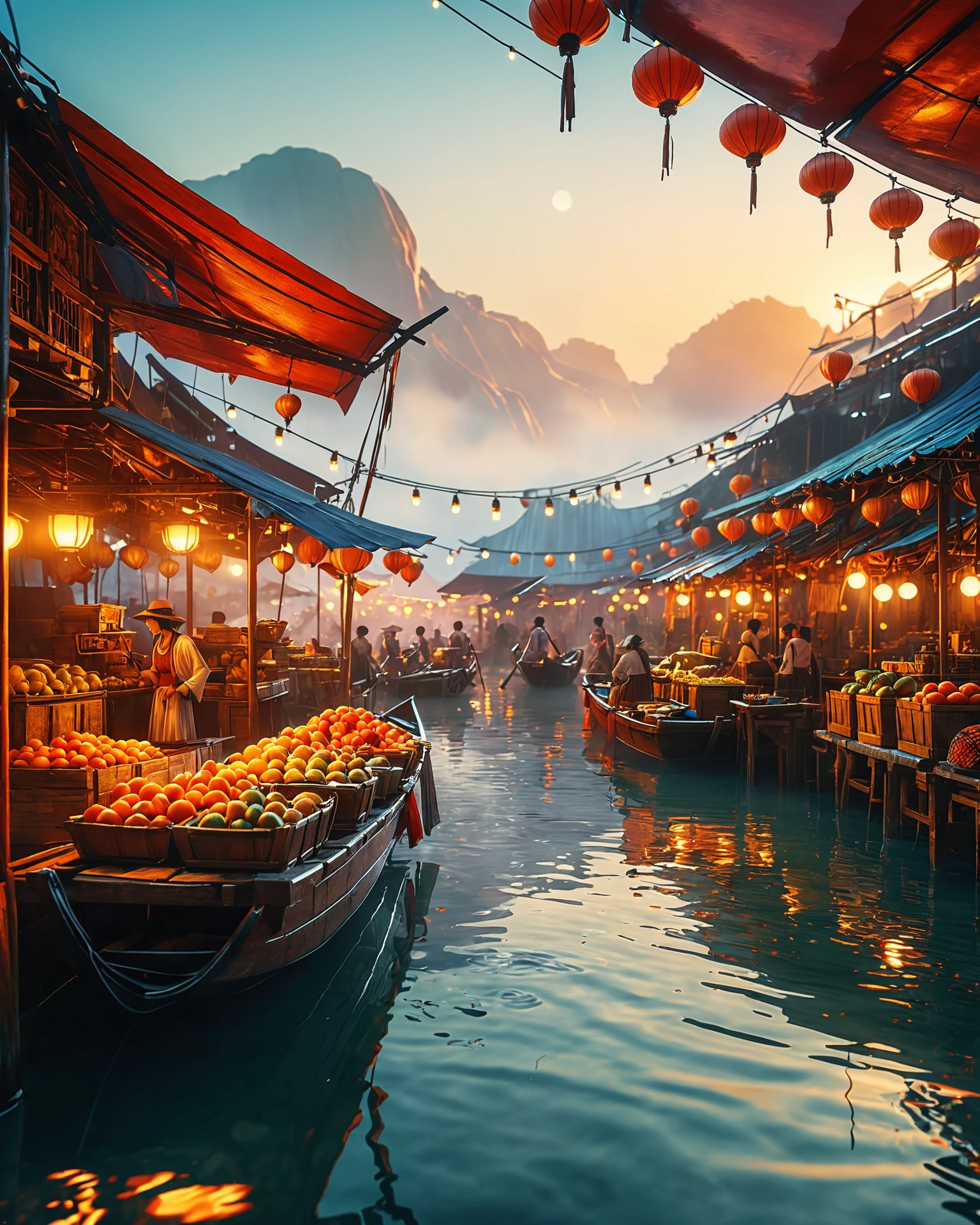 Floating market on Venus at dawn, masterpiece, fantasy, digital art, highly detailed, overall detail, atmospheric lighting, Awash in a haze of light leaks reminiscent of film photography, awesome background, highly detailed styling, studio photo, intricate details, highly detailed, cinematic, <lora:MJ52:0.6>, cinematic color grading