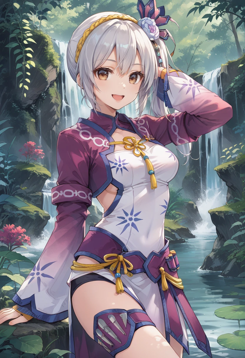 (score_9:0.9),score_8_up,score_7_up,rating_safe,anime style,(zPDXL),<lora:Gobul armor ponyXL v1.2:0.81>,gobul x gunner armor,white hair ornament,purple thigh strap,white chinese dress,purple long sleeves,1girl,solo,short hair,smile,brown eyes,lake,waterfall,open mouth,medium breasts,simple background,side ponytail,