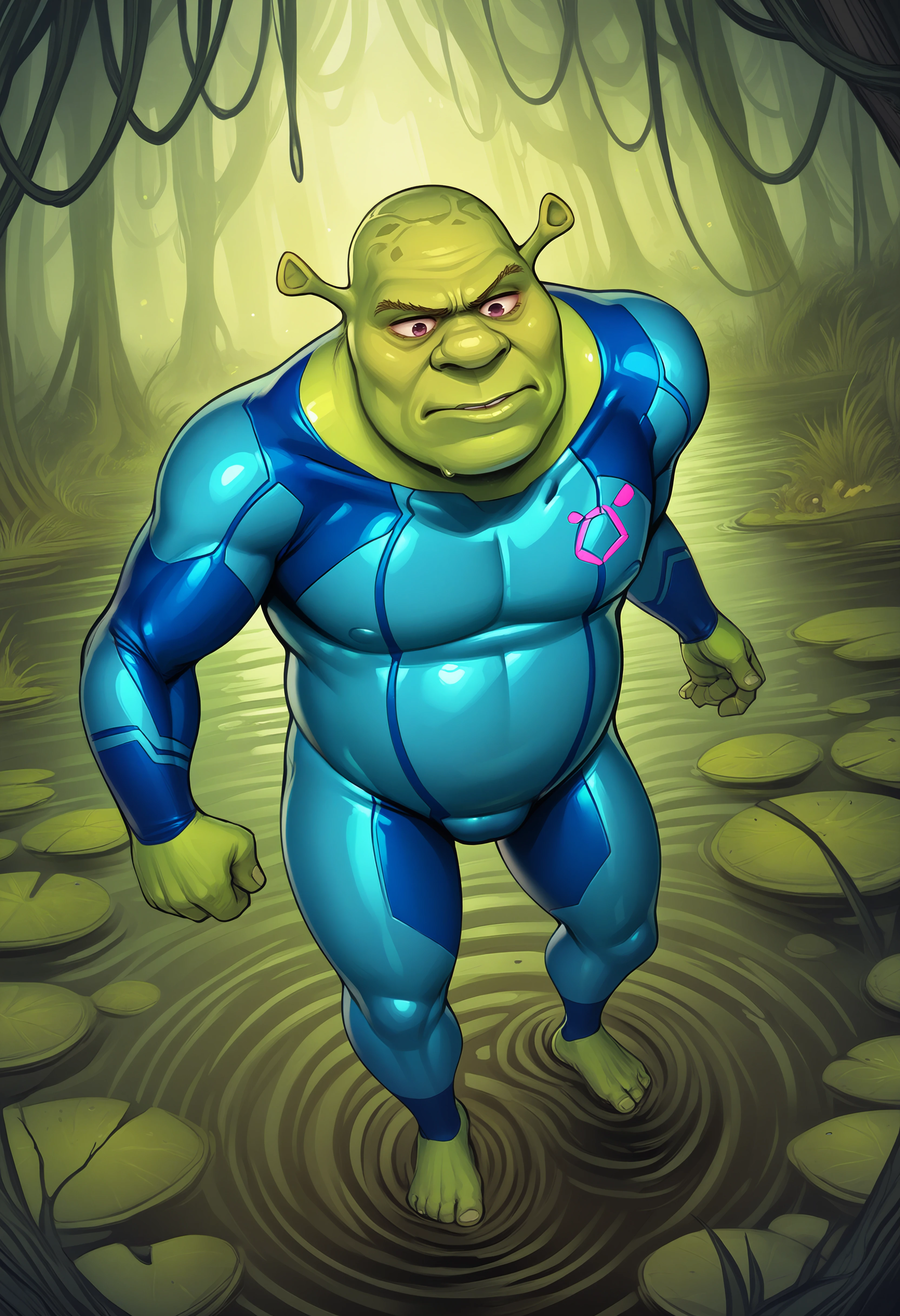 score_9, score_7_up BREAK shrek, green skin,male focus,science fiction,swamp,alternate costume,cosplay,zero suit,bodysuit <lora:gofa_pd:1> <lora:Shrek_XLPD:0.7>