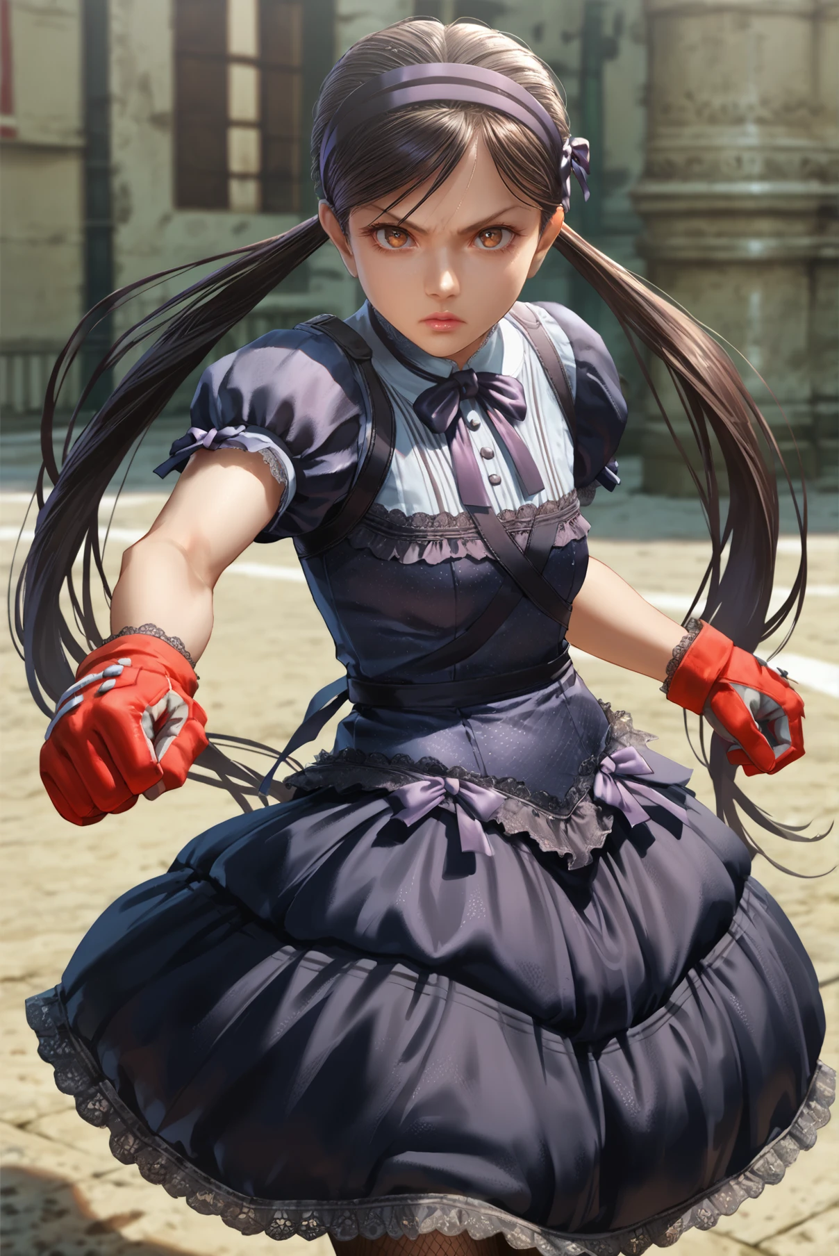 score_9, score_8_up, score_7_up, action pose, <lora:Saki_Onechanbara_Z2:0.7> 1girl, solo, long hair, black hair, brown eye, gloves, twintails, hairband, dress, fishnets, pantyhose, looking at viewer, outdoors