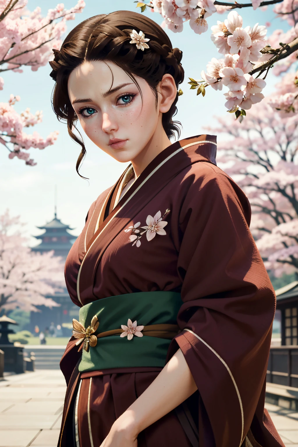 cherry blossoms, spring \(season\), hanami, petals, branch, tree, falling petals, pink flower, 1girl, petals on liquid, blue sky, plum blossoms, day, solo, dark brown eyes, outdoors, necklace, jewelry, flower, long hair, sky, sitting among trees, twin braids, looking at viewer, black hair, wind, pink theme, dress, under tree, hakama, long sleeves, hakama skirt