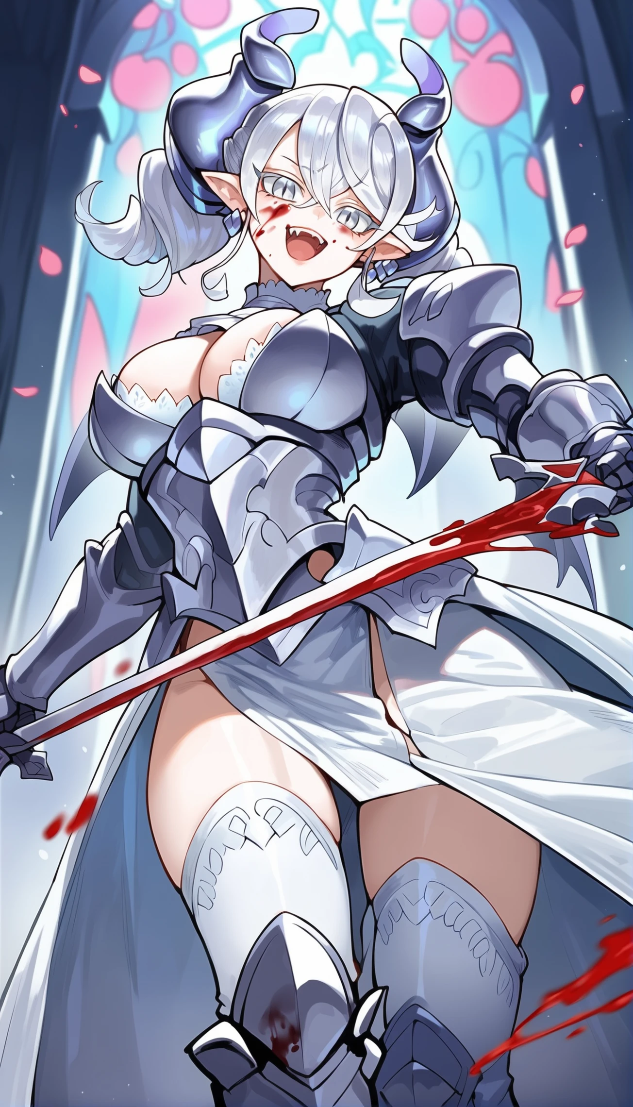 　4k, masterpiece, High resolution, (big breasts)、curvy、((Black Thigh Socks))、((sacred place))、(standing in centre)、(sister)、(((blood born)))、(Giant cross)、((With a machete))、((Judas Iscariot))