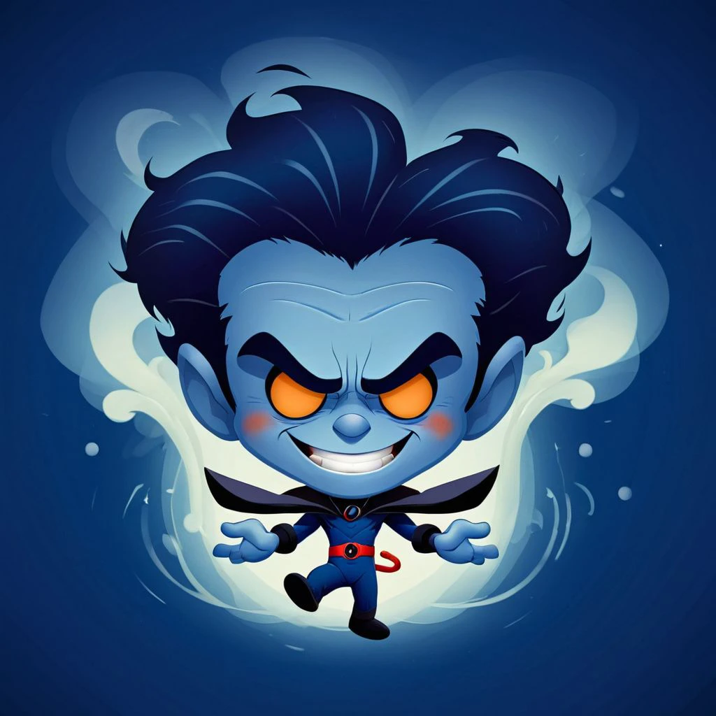 cartoon portrait of Nightcrawler in a mid-teleportation pose, smoke swirling around him., in jmawx style, cute chibi, full character, smile, detailed facial features, Navy background <lora:Jerrod_Maruyama_XL_V11.1:0.75>