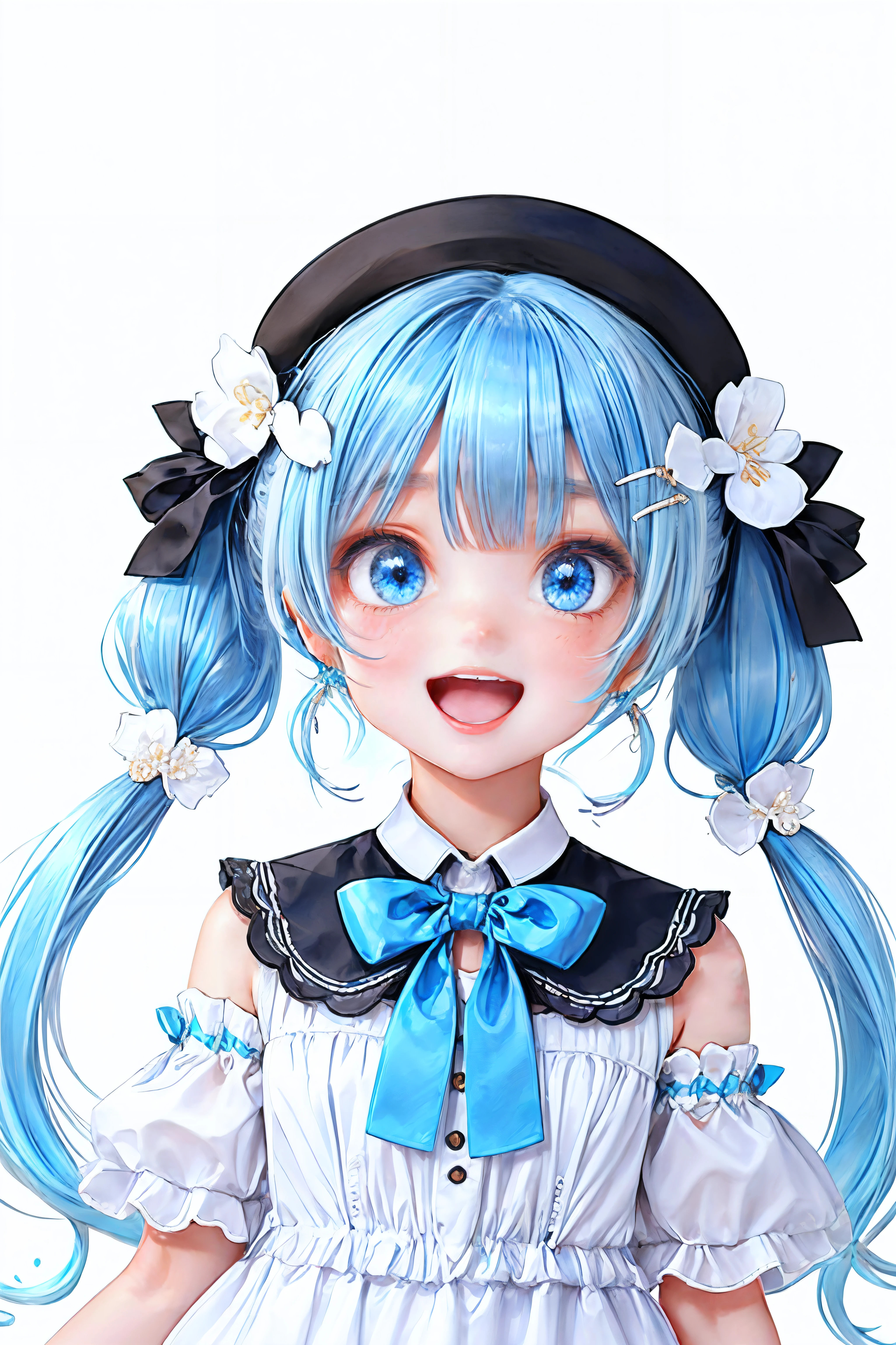 loraeyes, vtuber, 1girl, solo, virtual youtuber, blue eyes, blue hair, twintails, long hair, smile, white background, hair ornament, hat, white dress, dress, looking at viewer, open mouth,  <lora:Vtuber:0.7>, <lora:Loraeyes_V1:0.7>,