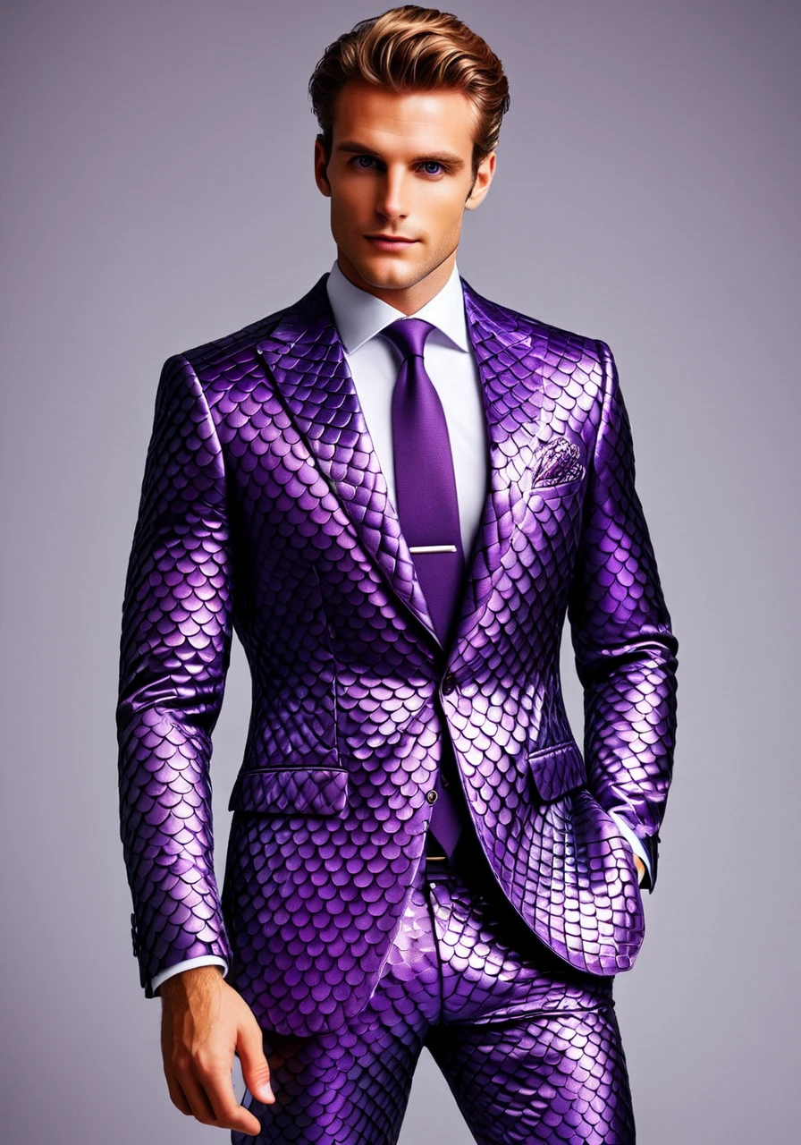 a photo of a man in a business suit, scaleboundsdxl, <lora:scaleboundsdxl:0.7>, best quality, masterpiece, male model, purple scales,