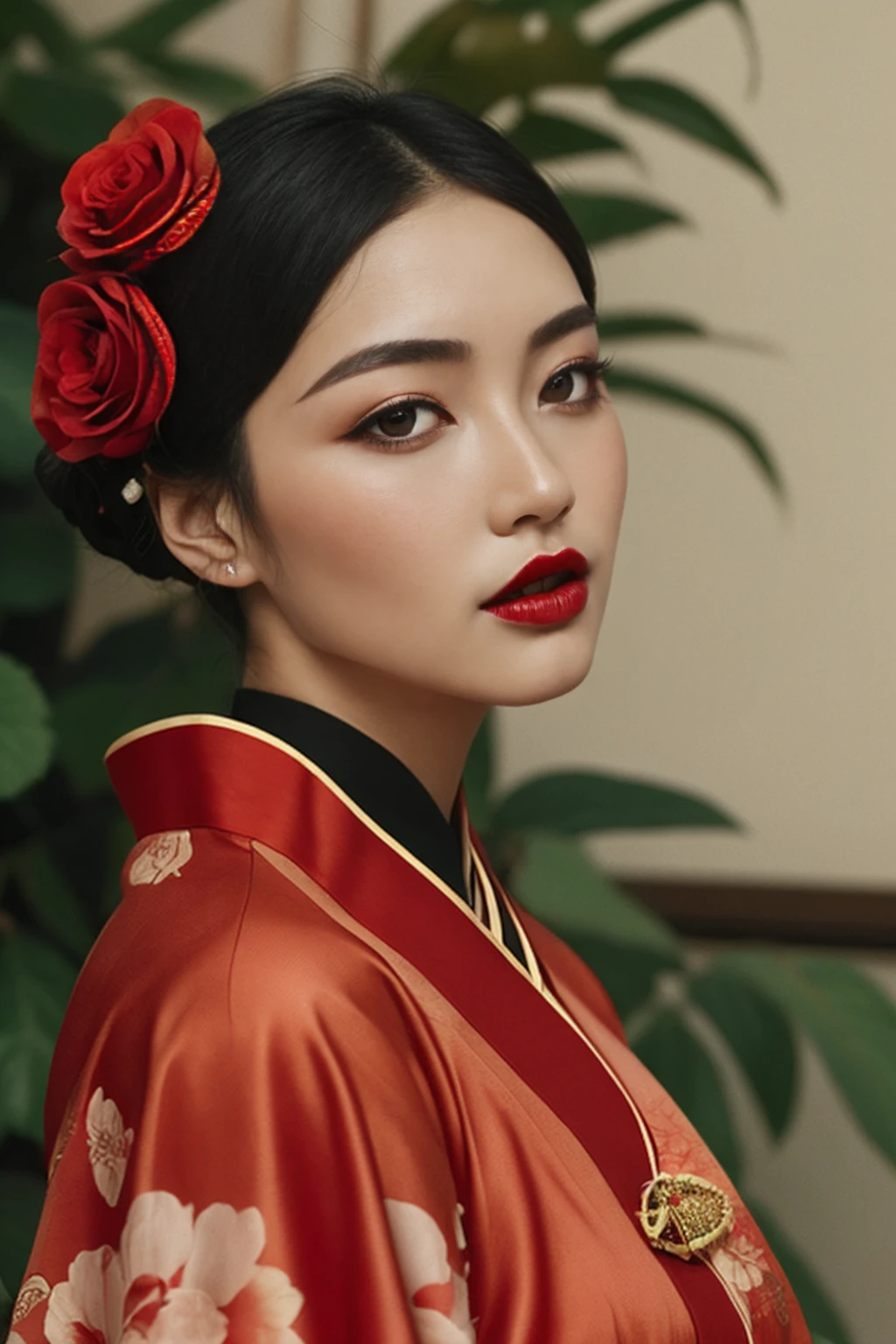 FRESHIDEAS 1980s vintage fashion ***** 1girl black hair chinese clothes flower hair flower hair ornament japanese clothes kimono lips lipstick makeup profile red flower red rose rose solo,