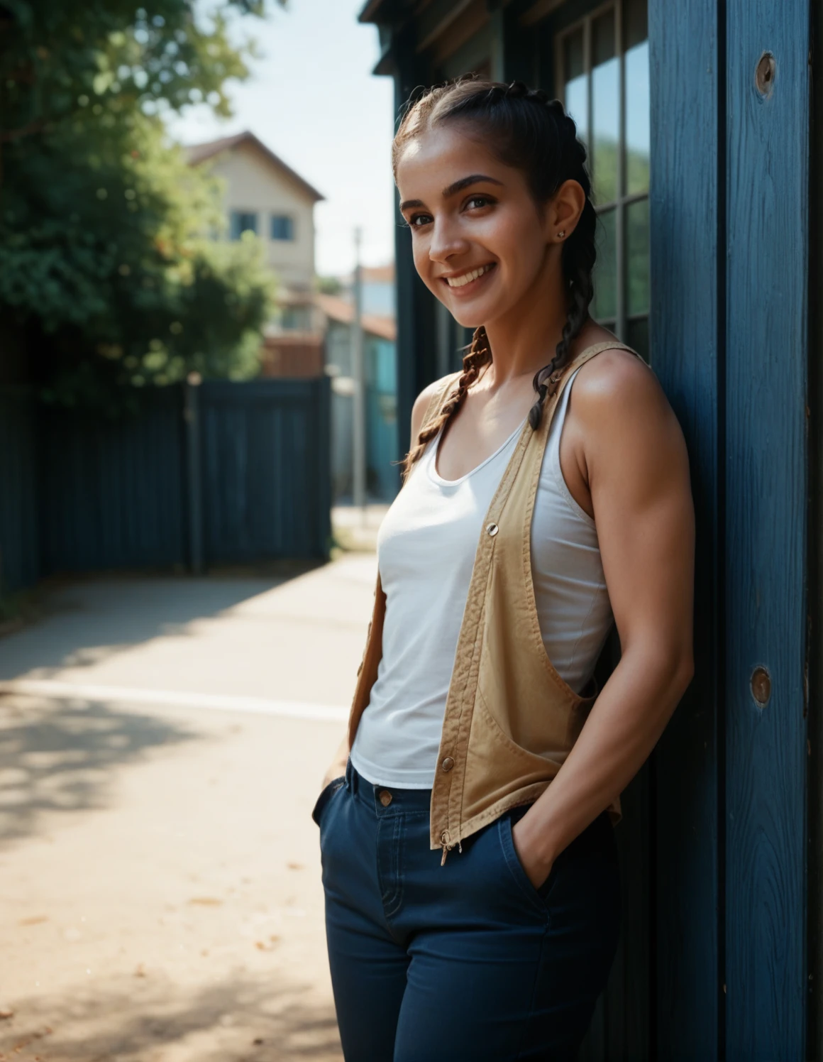 1girl, beautiful, braids, looking at the viewer, ((standing, frontal)), hands on pockets of pants, smile, upper body image, pants, sitting, tank top, outdoors, day light, leaning back on a blue wooden wall, one knee up <lora:Yasmin_Khan:0.8> y4z, earrings, score_9, score_8_up, score_7_up, score_6_up