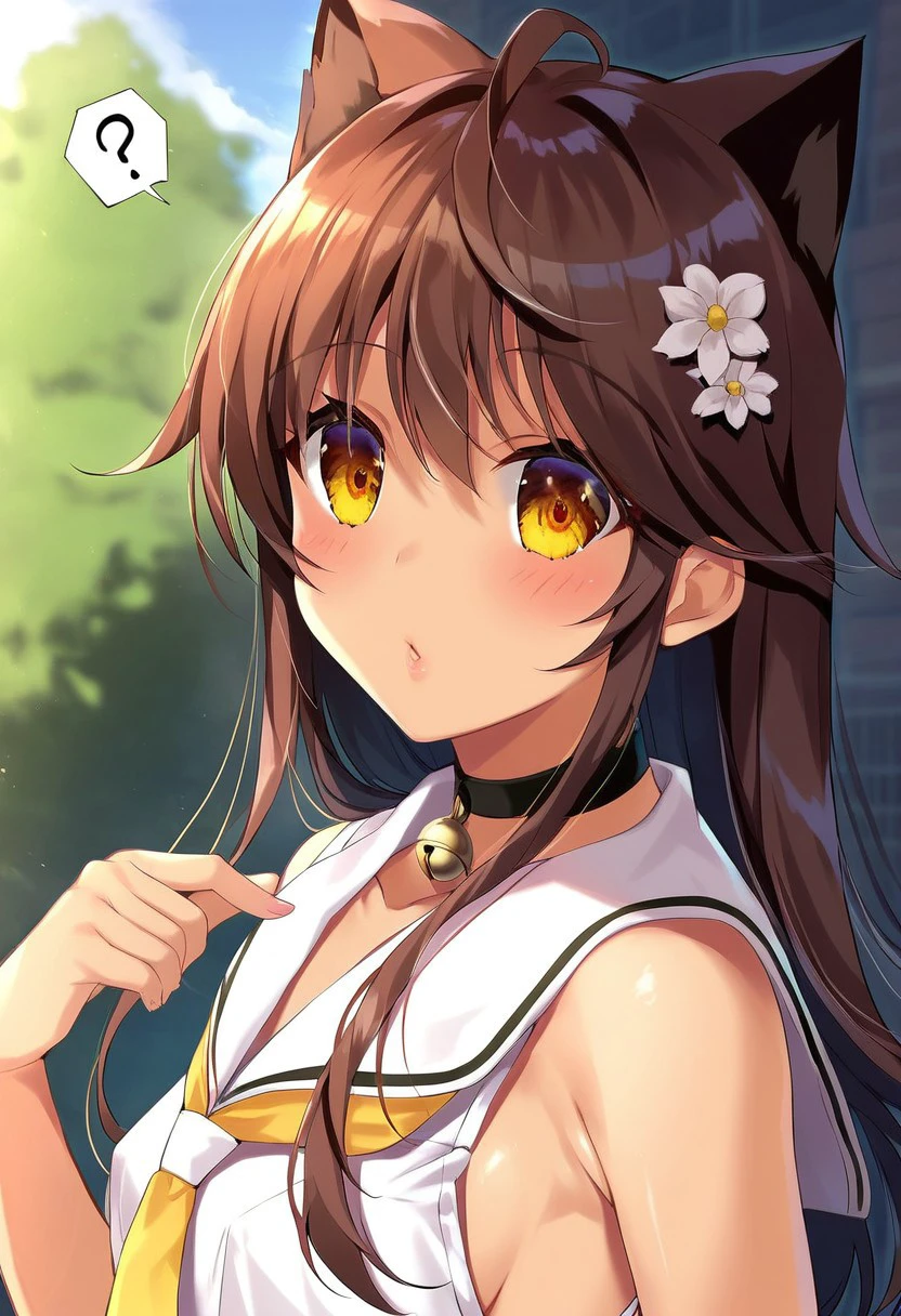 solo, 1girl, female, young, animal ears, cat ears, cat tail, brown hair, ahoge, long hair, dark skin, dark-skinned fermale, yellow eyes, cute face, detailed eyes, round face, slender body, slim body, thin body, small body, short height, perfect anatomy, detailed skin, flat chest, detailed lips, perfect hands, perfect face, enormous breast, very large breast, BREAK hair flower, hair ornament, chocker, bell, school uniform, BREAK ?, blush, standing, school entrance, outdoors, colorful, side view, close up, focus, portrait, BREAK ((ultra-detailed)), ((best quality)), ((best quality)), ((beautiful eyes)), ((extremely detailed)), 4K, (8K), best quality, (beautiful), Master piece, highres, score_9, score_8_up, score_7_up, score_6_up, score_5_up, score_4_up, colorful, best quality, official art, highres, masterpiece, nai3, god light, detailed background, high quality background,