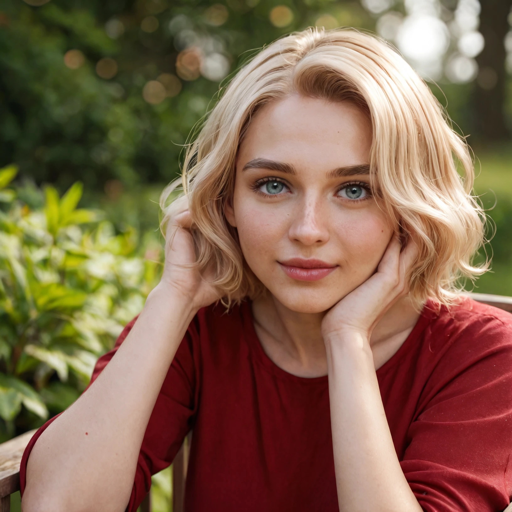 score_9, score_8_up, score_7_up, cinematic film still, breathtaking masterpiece,
portrait of a beautiful blonde woman wearing a red shirt, long blonde hair, she sits in a comfy wooden chair in a garden
depth of field, bokeh, vignette, bokeh, cinemascope, moody, epic, gorgeous, film grain, grainy
((perfect hands with four fingers and one thumb)), perfect nails, shiny bright eyes, round and centered pupils, visible blood vessels in her sclera, skin pores, visible skin detail, detailed skin,  [[[[[oiled shiny skin]]]]], blush, flushed cheeks, skin pores, imperfect skin, skin blemish, [[[[[few freckles]]]]],  beauty spot, moles, skin fuzz, deep wrinkles <lora:polyhedron_pony_all_ponyREALISM_v21-000005:0.3>