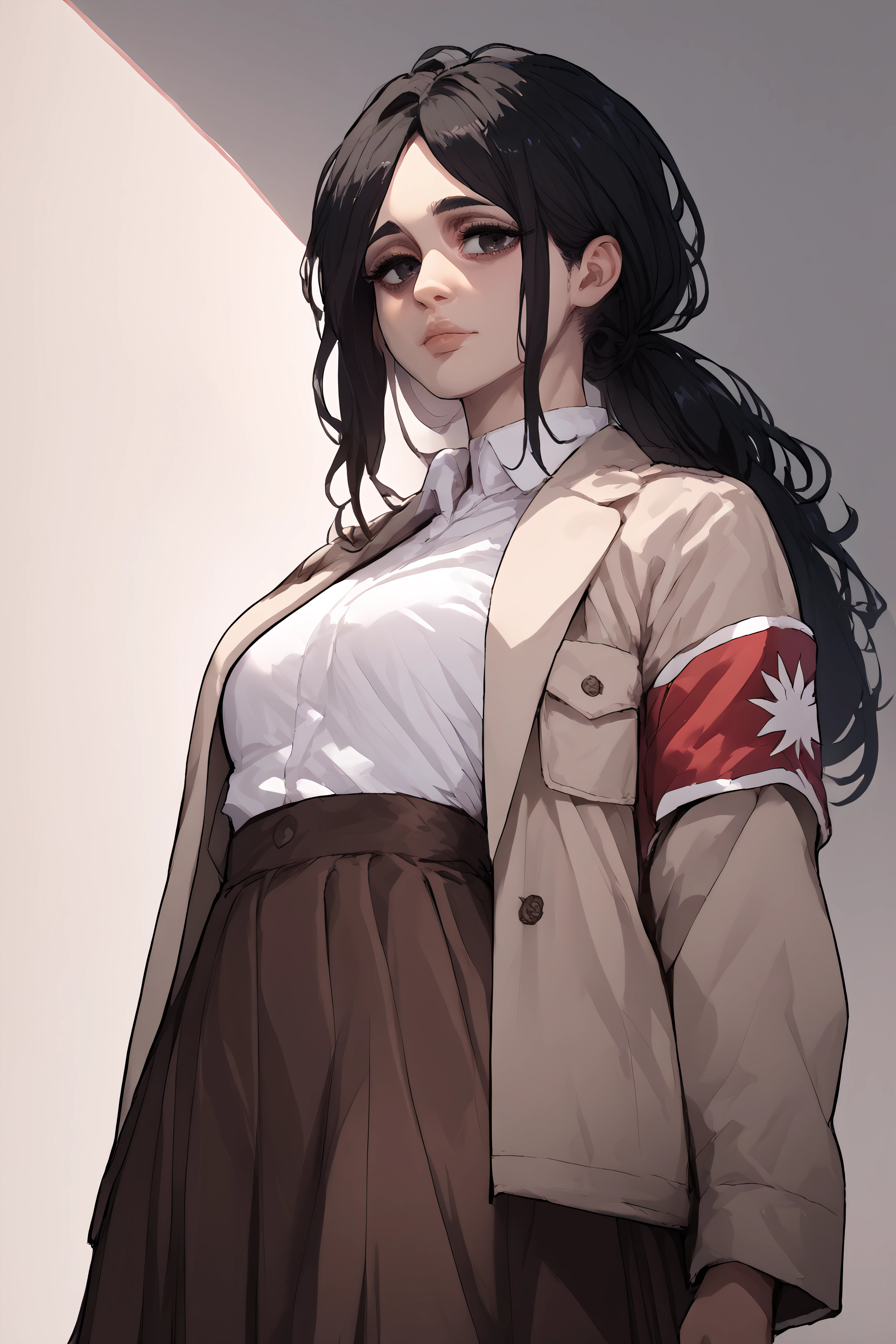 score_9, score_8_up, score_7_up, score_6_up, score_5_up, score_4_up, source_anime, <lora:Pieck Finger-PonyXL-lora-Faxtron:0.8> pieck finger, black eyes, black hair, long hair, medium breasts, beige jacket, white shirt, brown skirt,