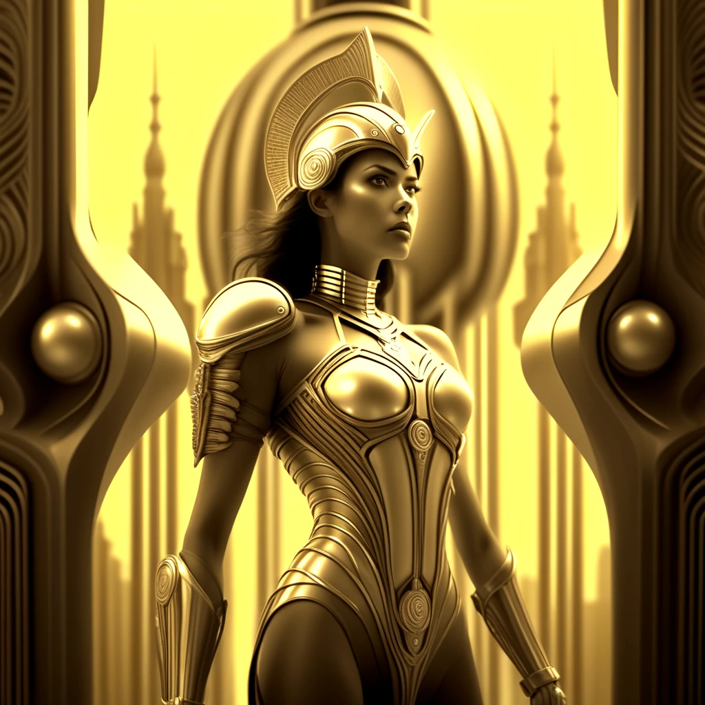 Epic scene from an award winning film, Amazonian warrior woman with model looks stands with shining armor over a magnificent retro futuristic Metropolis, delicate metal tubing, very light sepia tone, elaborate filigree, intricate details