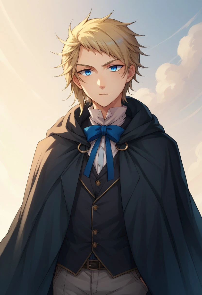 score_9, score_8_up, score_7_up, source_anime, highly detailed, 
elliot, solo, 1boy, blonde hair, male focus, blue eyes, cloak, cape, looking at viewer,
ribbon, blue ribbon, neck ribbon, mole under eye, pants,